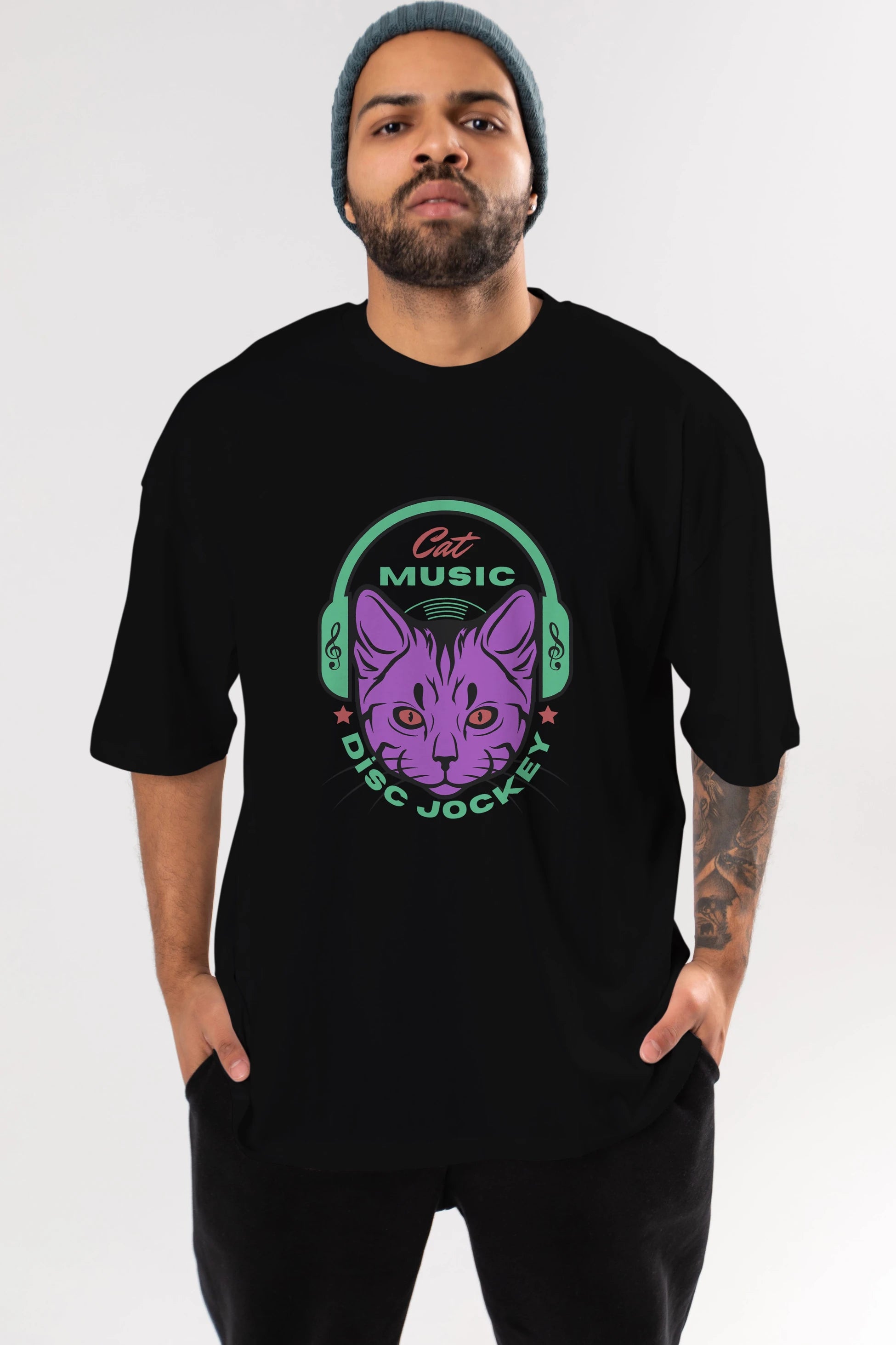 Cat Music Ön Baskılı Oversize t-shirt Erkek Kadın Unisex