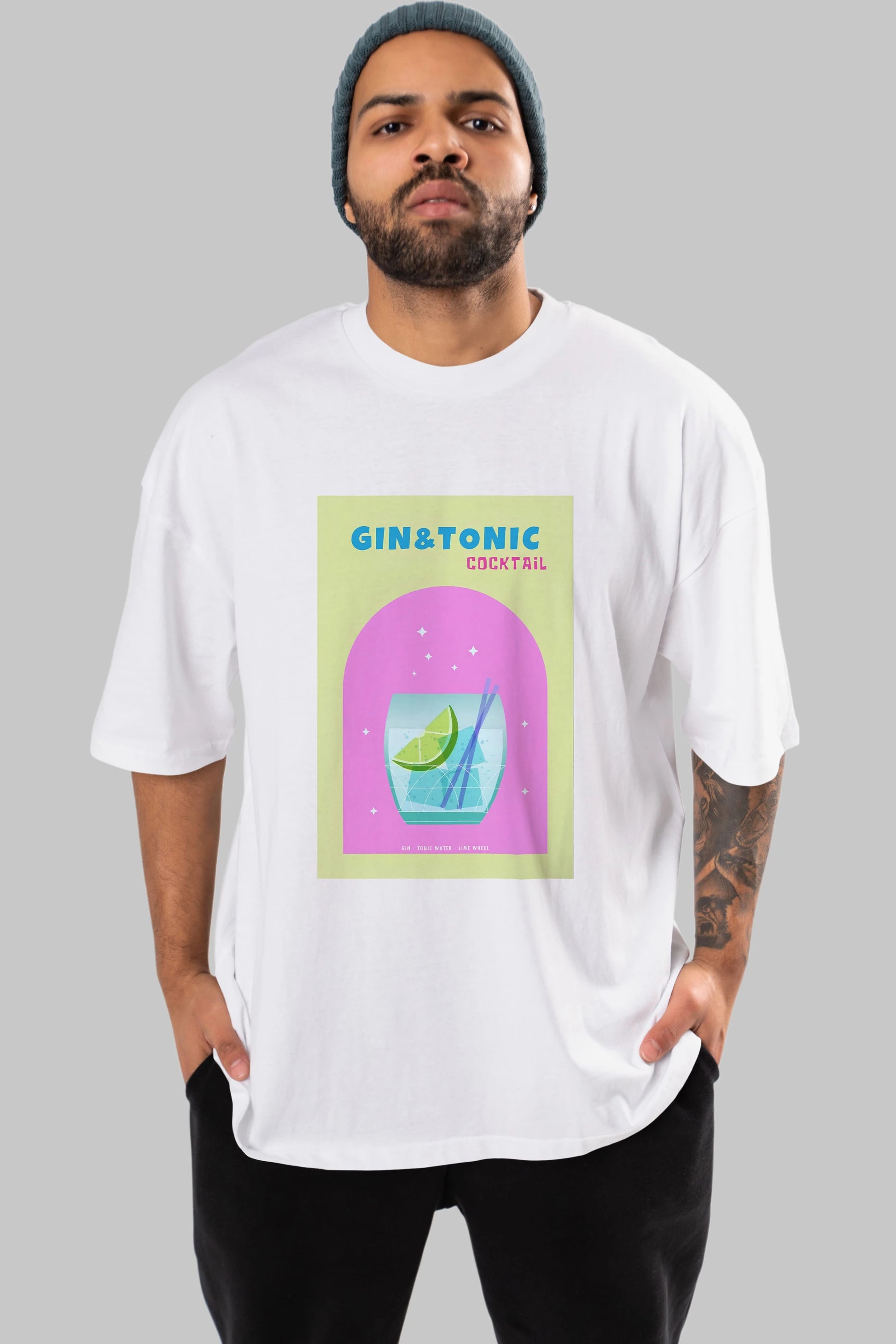 Gin Tonic Cocktail Ön Baskılı Oversize t-shirt Erkek Kadın Unisex %100 Pamuk Bisiklet Yaka tişort