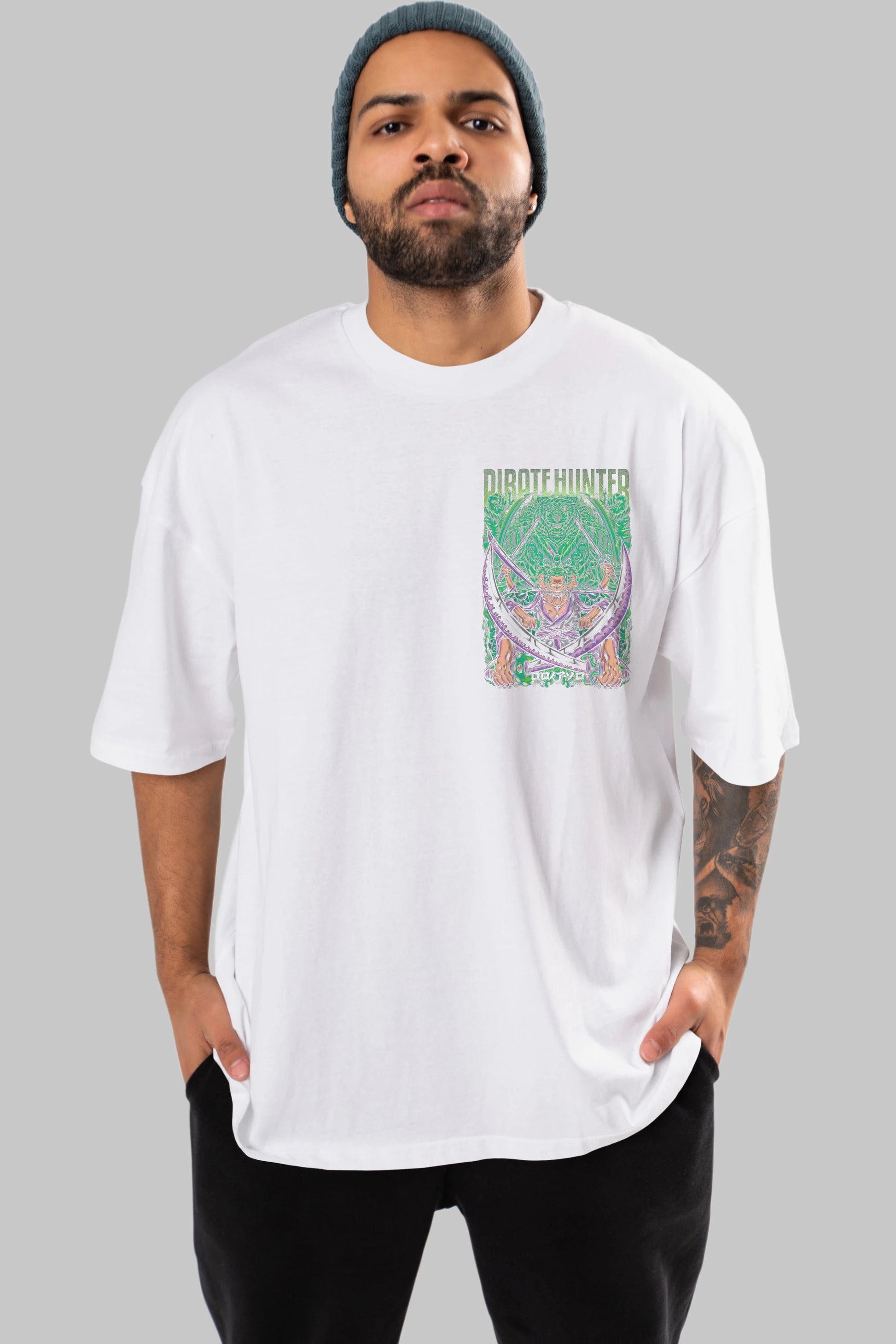RORONOA ZORO 3 Ön Sol Baskılı Oversize t-shirt Erkek Kadın Unisex %100 Pamuk Bisiklet Yaka tişort