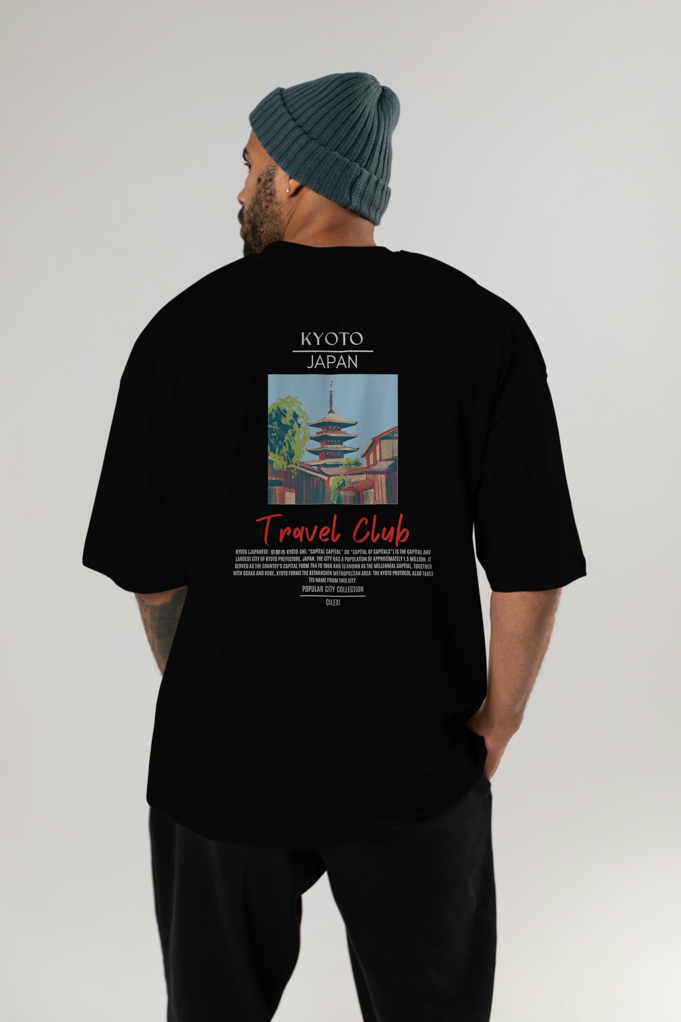 Kyoto Japan Arka Baskılı Oversize t-shirt Erkek Kadın Pamuk Bisiklet Yaka tişort