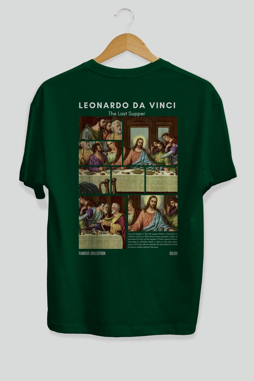 Leonardo Da Vinci Arka Baskılı Oversize t-shirt Erkek Kadın Bisiklet Yaka Pamuk tişort