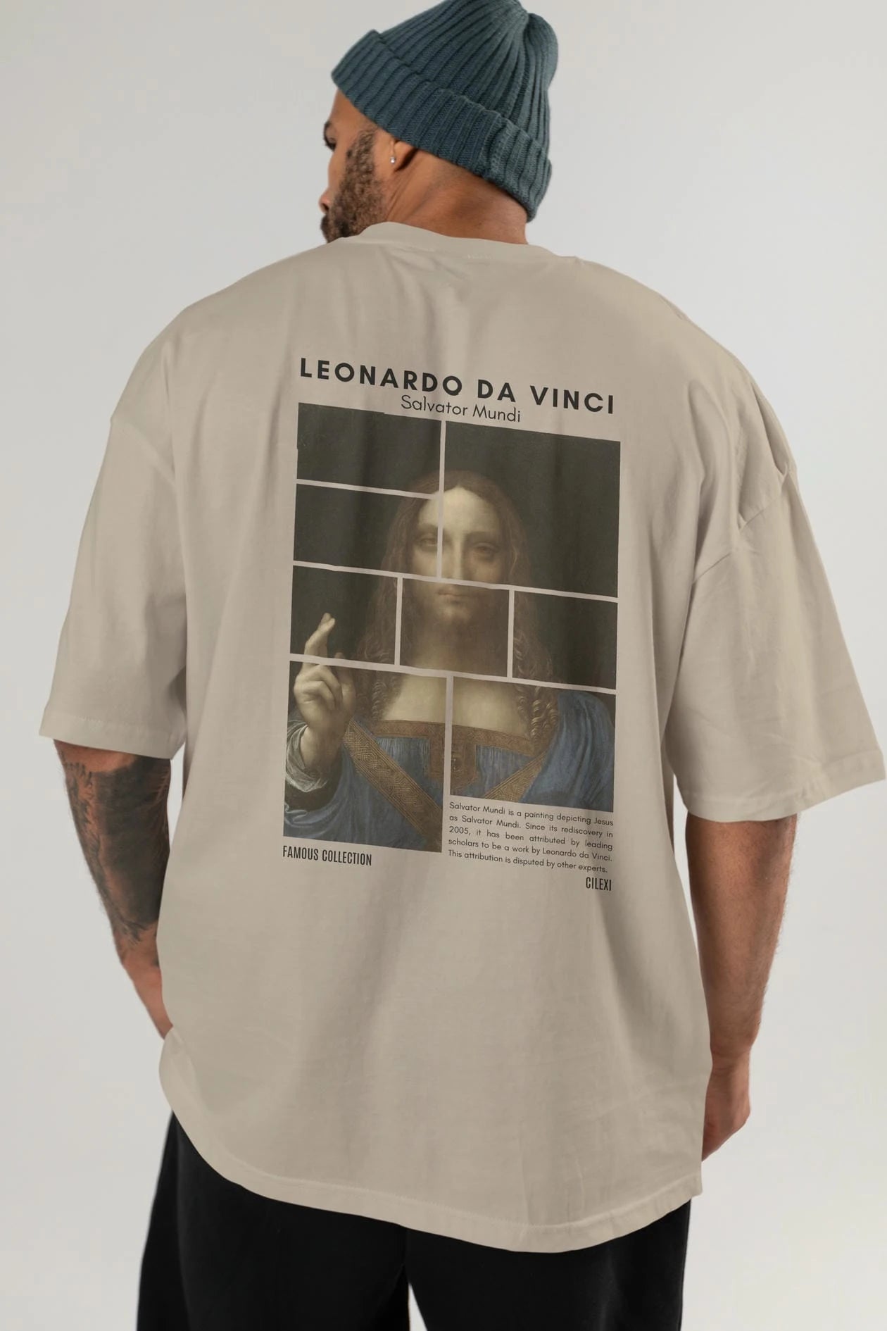 Salvador Mundi Arka Baskılı Oversize t-shirt Erkek Kadın Bisiklet Yaka Pamuk tişort