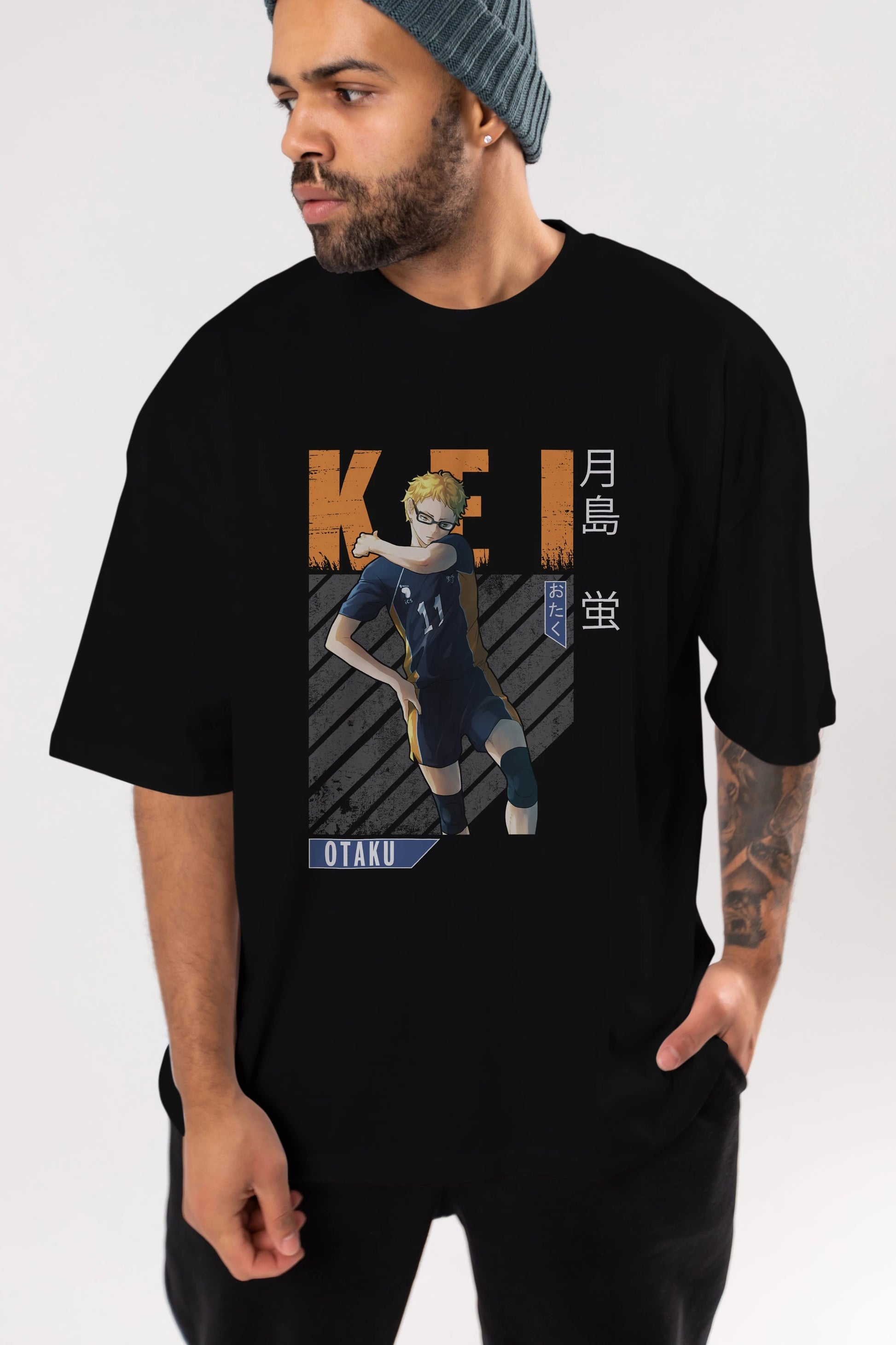 Kei Tsukishima 2 Anime Ön Baskılı Oversize t-shirt %100 pamuk Erkek Kadın Unisex