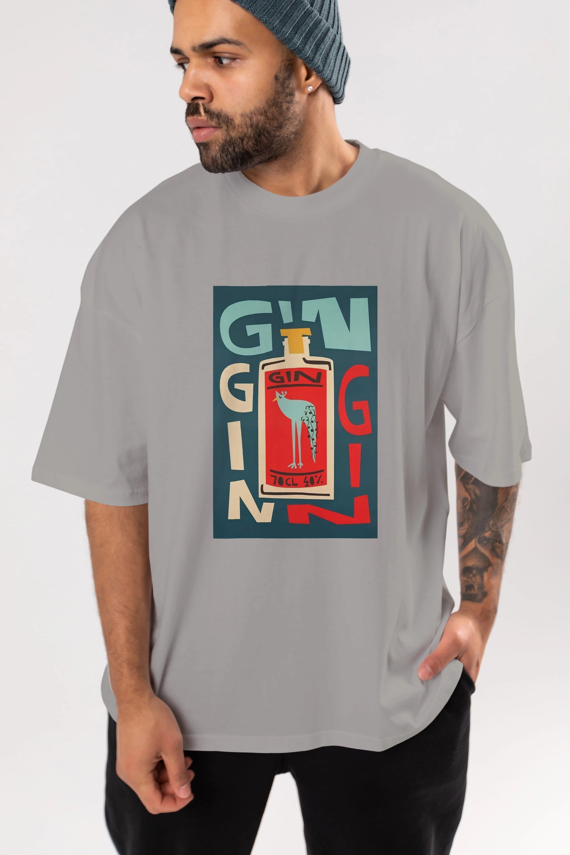 Gin 2 Ön Baskılı Oversize t-shirt Erkek Kadın Unisex %100 Pamuk Bisiklet Yaka tişort