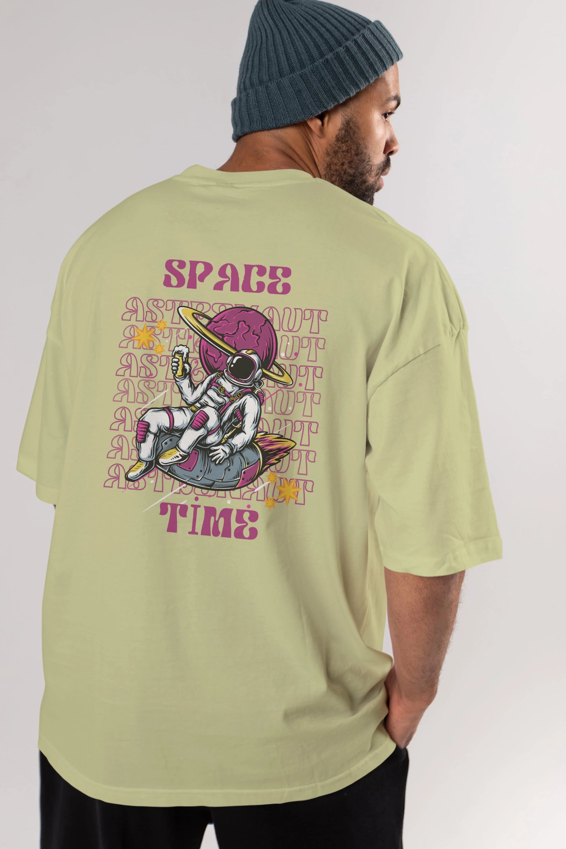 Space Time Astronaut Yazılı Arka Baskılı Oversize t-shirt Erkek Kadın Unisex