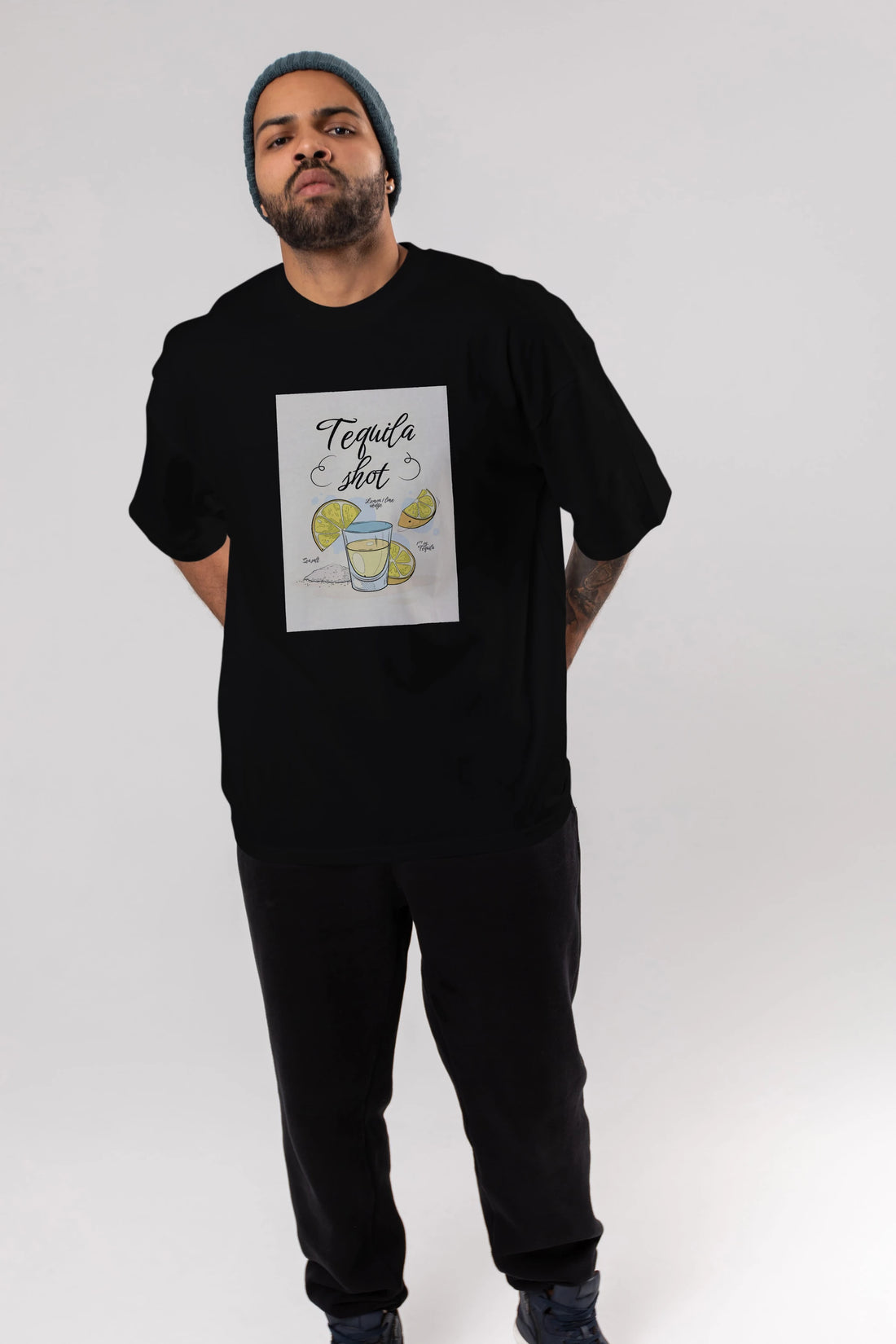 Tequila Shot Ön Baskılı Oversize t-shirt Erkek Kadın Unisex %100 Pamuk Bisiklet Yaka tişort