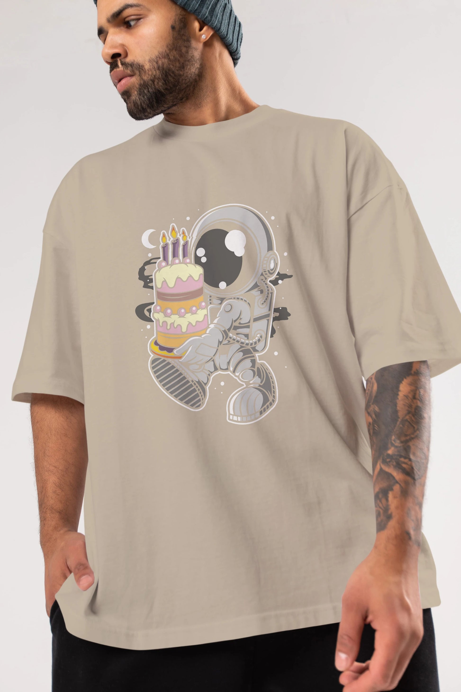 Astronaut Birthday Cake Ön Baskılı Oversize t-shirt Erkek Kadın Unisex