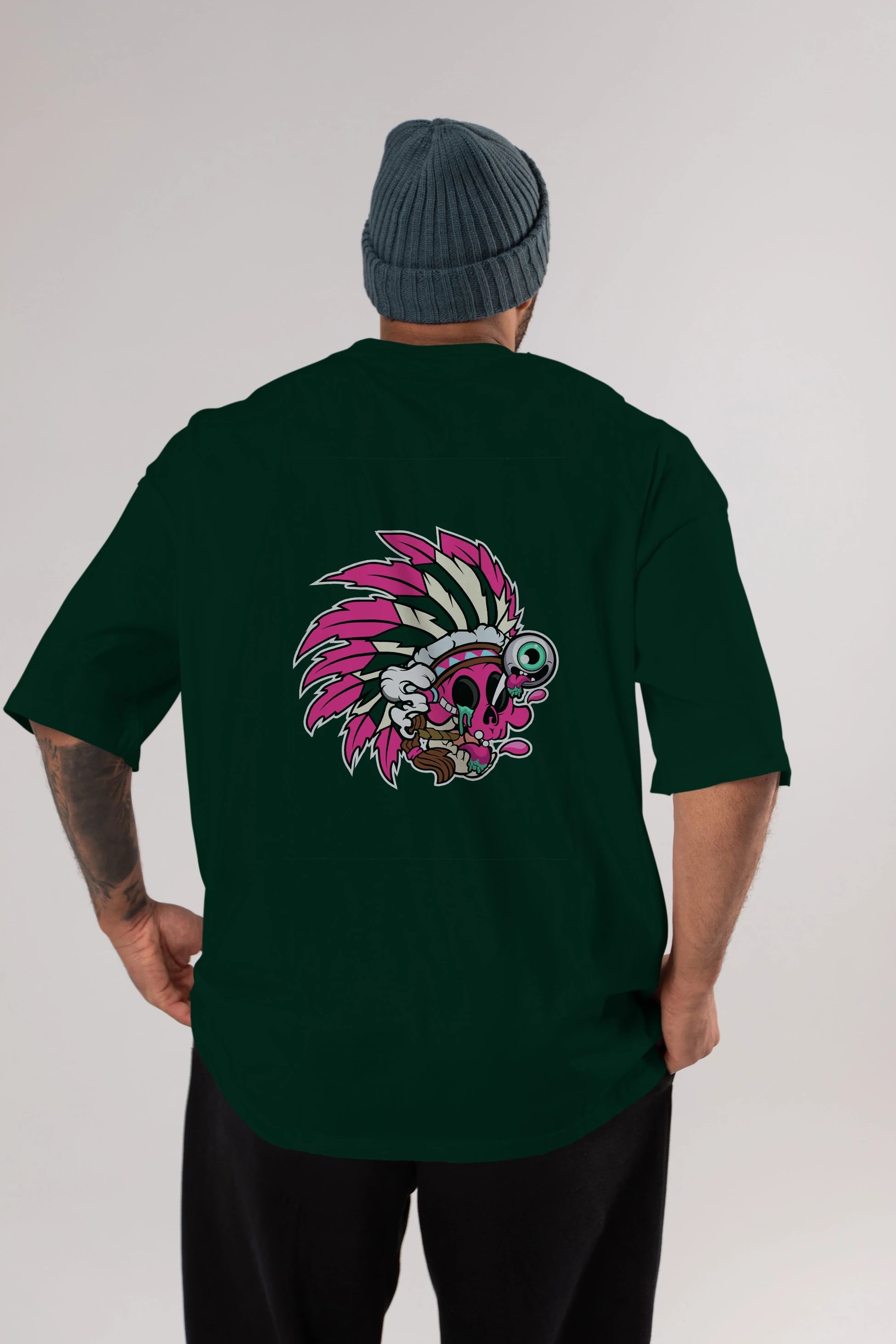Skull Indian Arka Baskılı Oversize t-shirt Erkek Kadın Unisex %100 Pamuk tişort