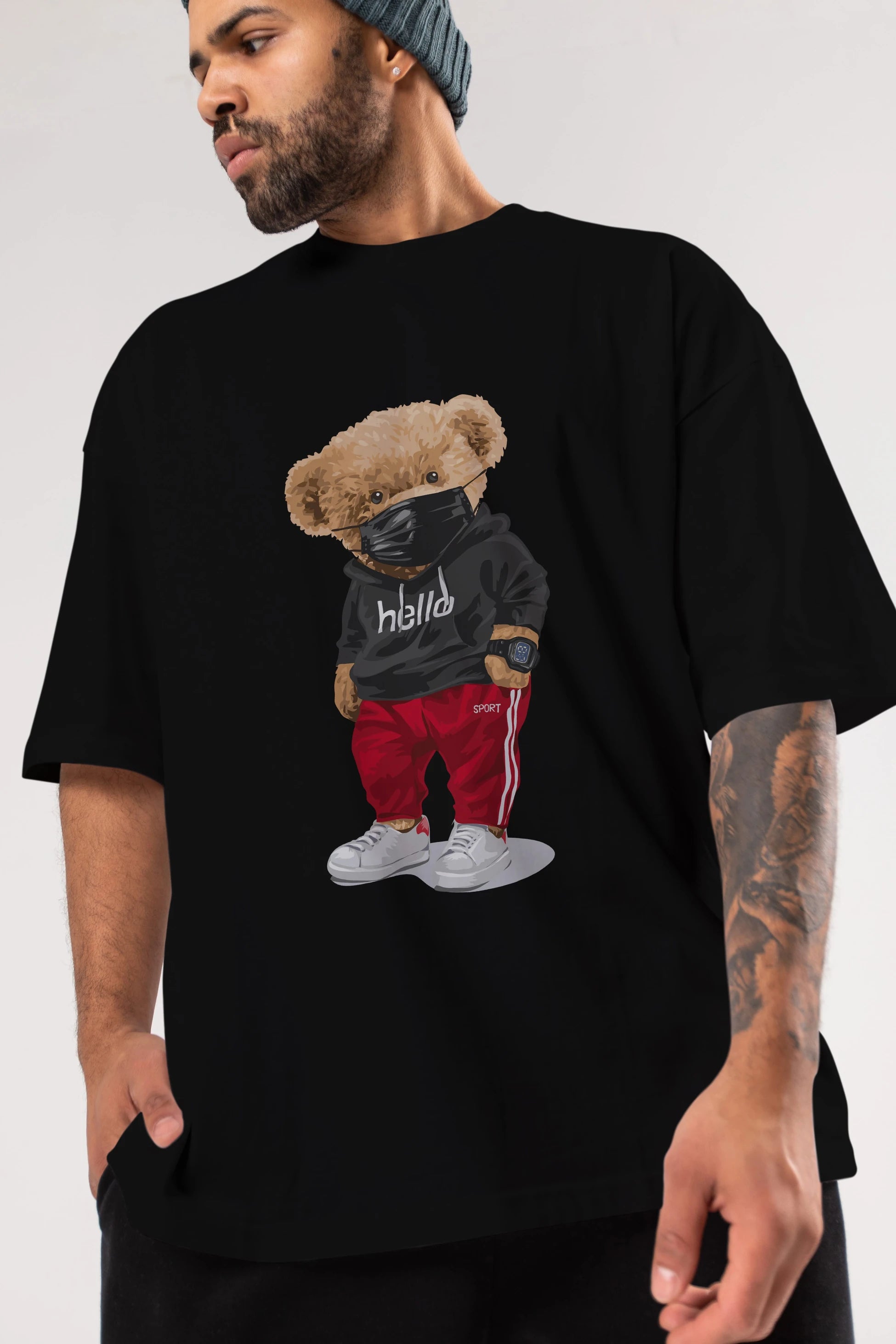 Teddy Bear Hello Sport Ön Baskılı Oversize t-shirt Erkek Kadın Unisex %100 Pamuk