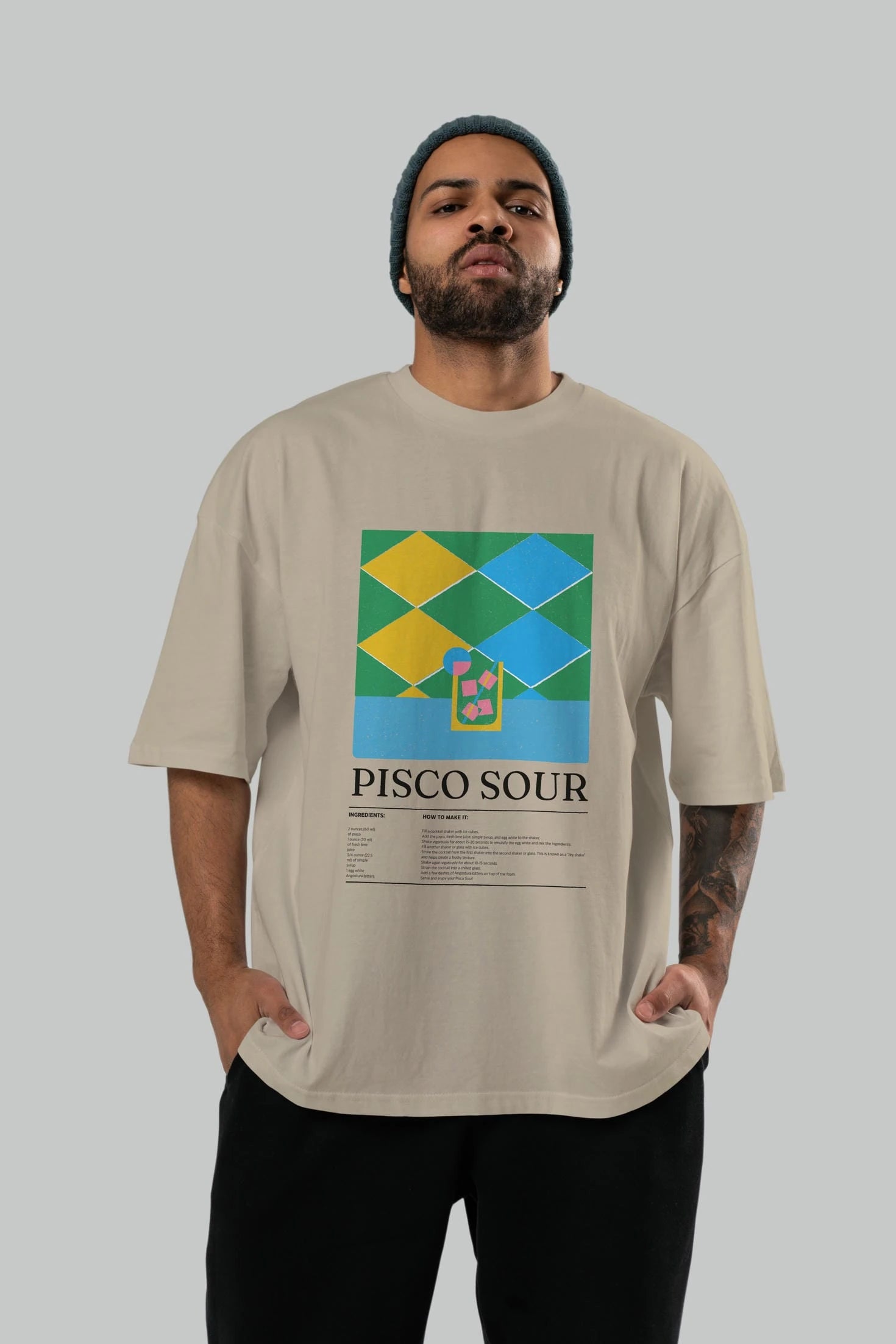Pisco Sour Kokteyl Ön Baskılı Oversize t-shirt Erkek Kadın %100 Pamuk Bisiklet Yaka tişort