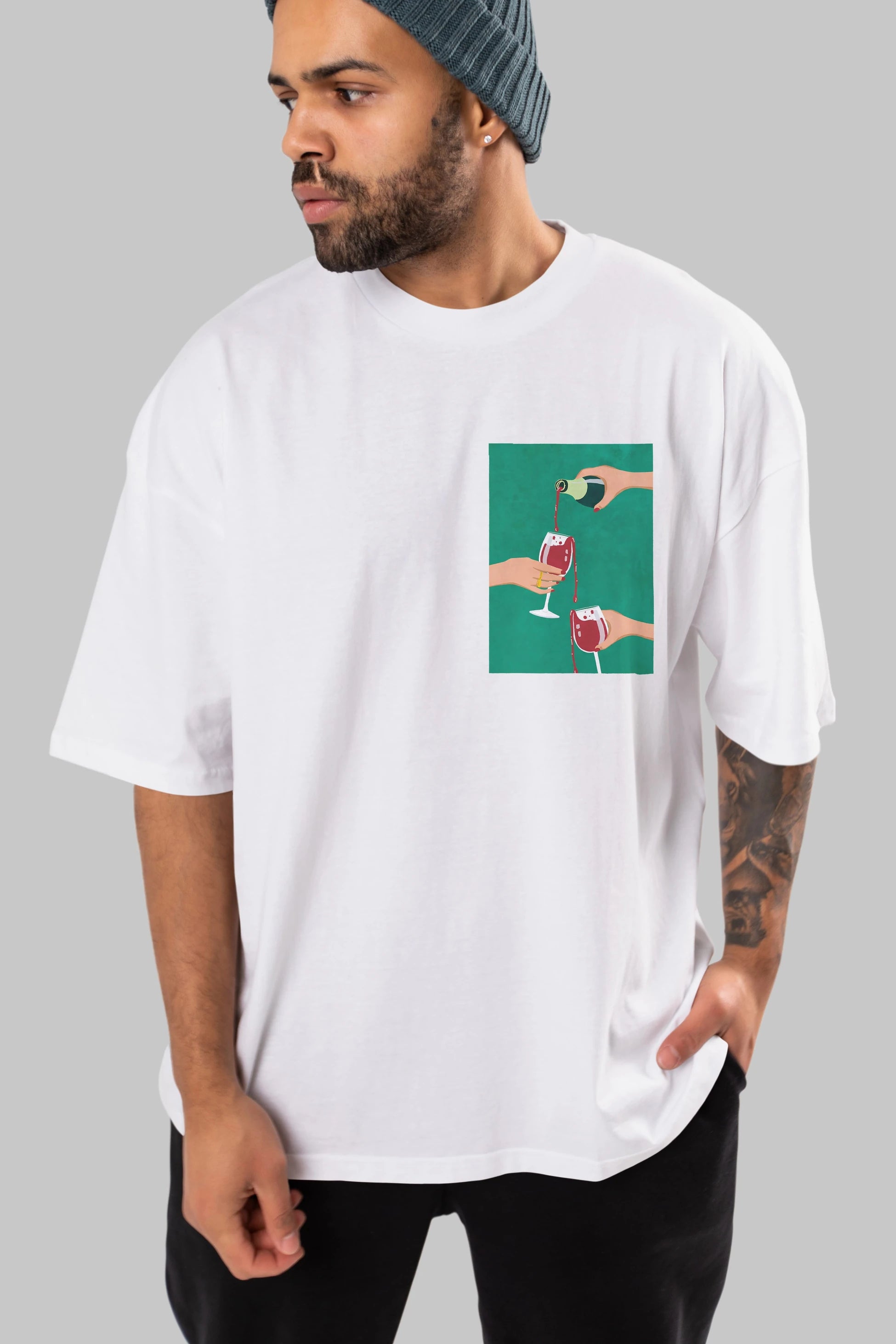 Wine 2 Ön Sol Baskılı Oversize t-shirt Erkek Kadın Unisex %100 Pamuk Bisiklet Yaka tişort