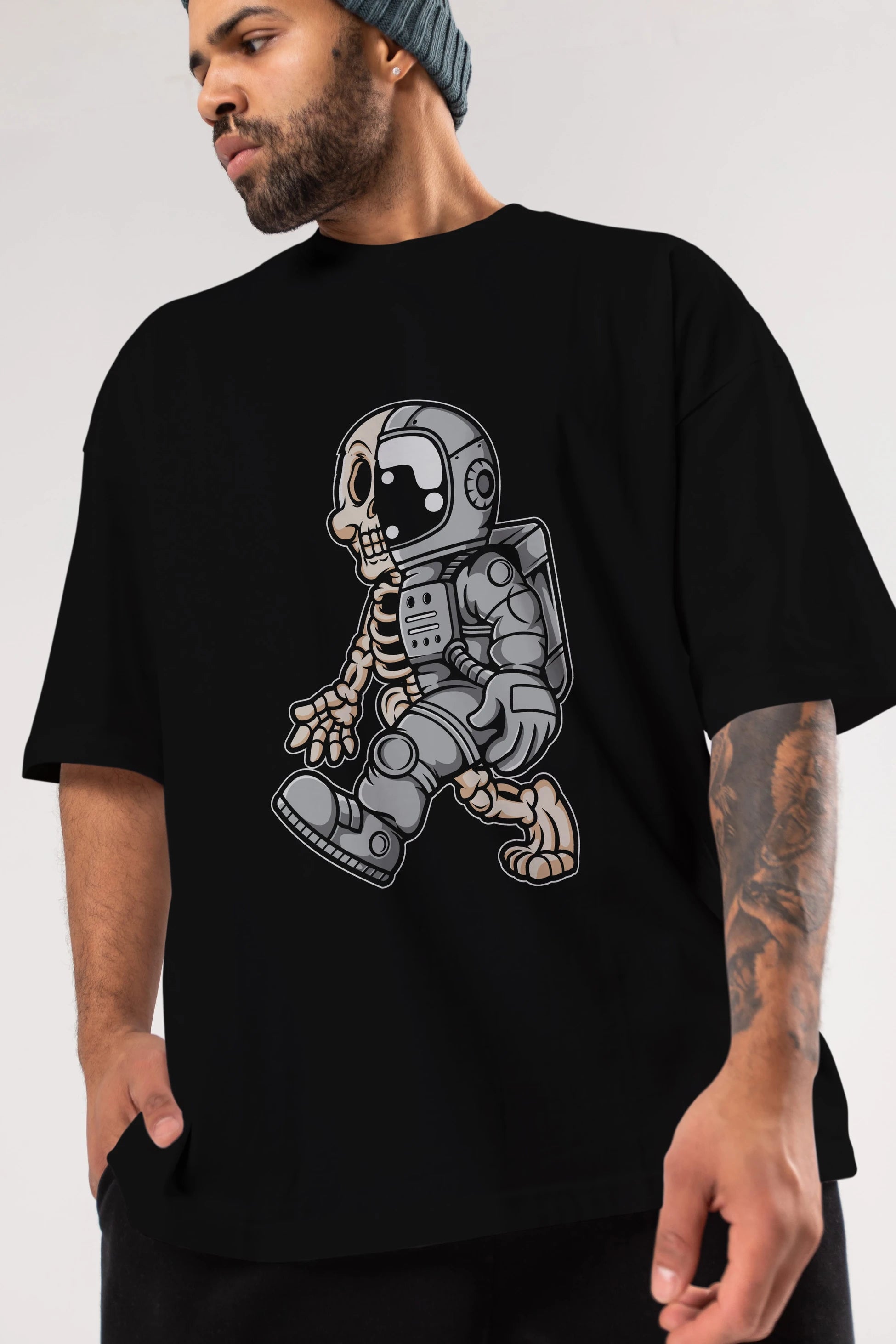 Astronaut Half Skull Ön Baskılı Oversize t-shirt Erkek Kadın Unisex