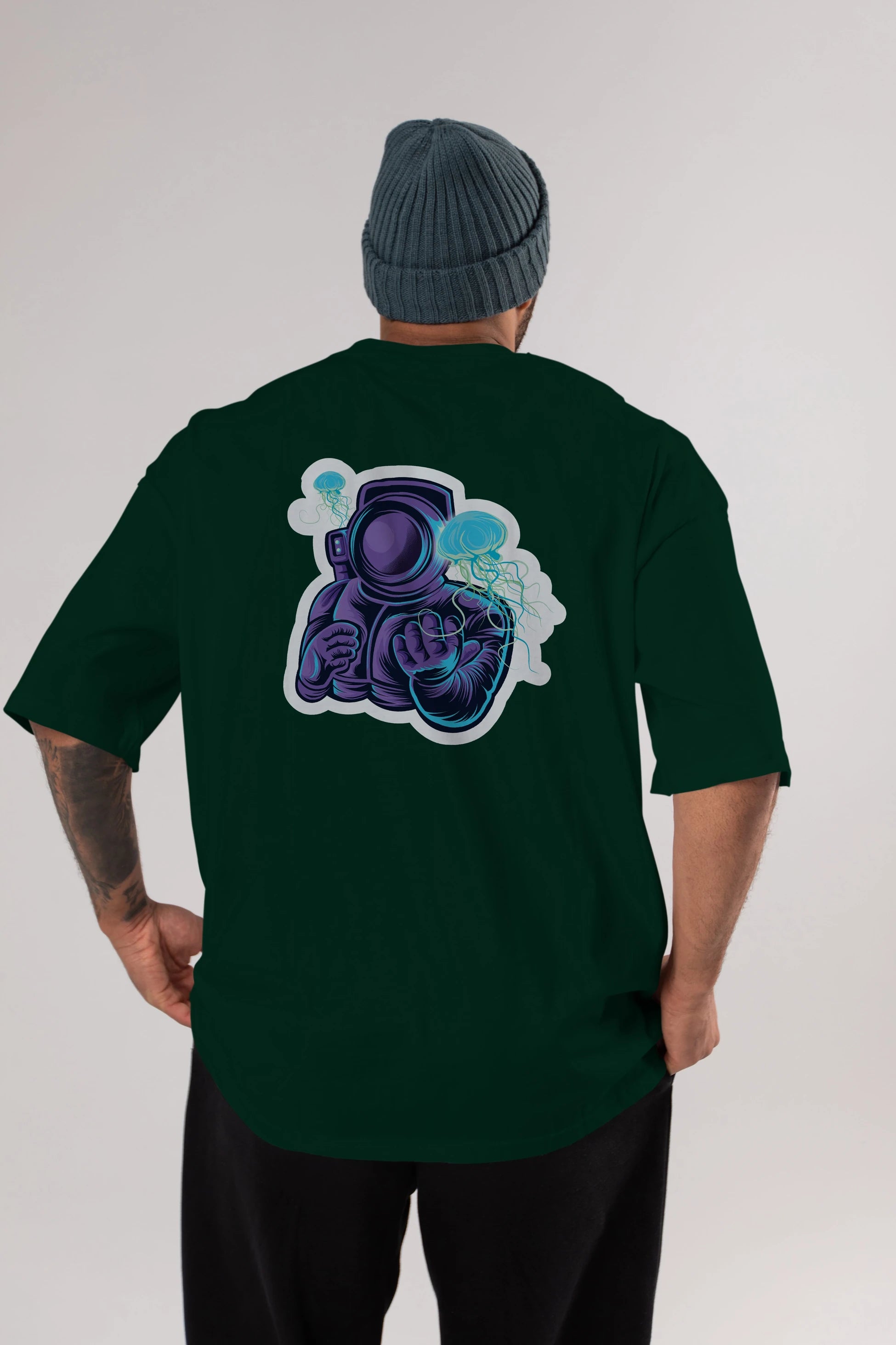 Astronaut and Jellyfish Sticker Arka Baskılı Oversize t-shirt Erkek Kadın Unisex