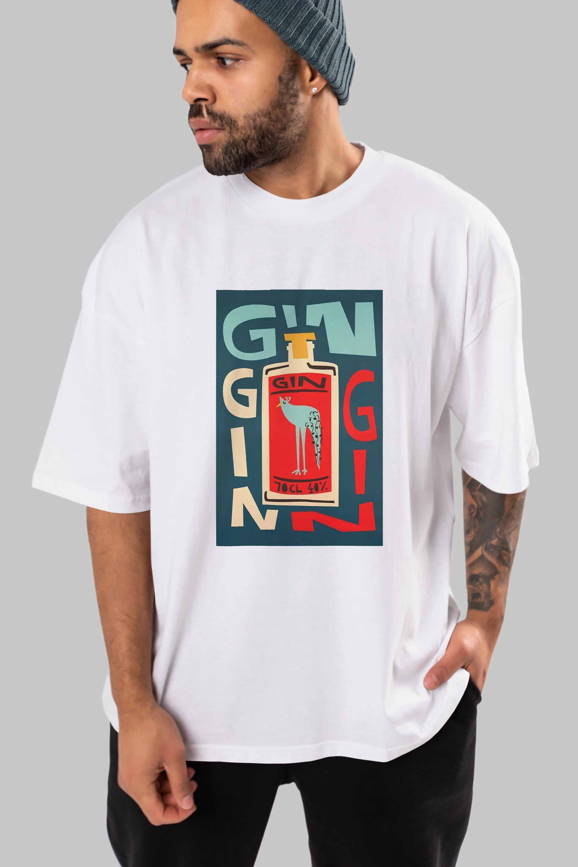Gin 2 Ön Baskılı Oversize t-shirt Erkek Kadın Unisex %100 Pamuk Bisiklet Yaka tişort
