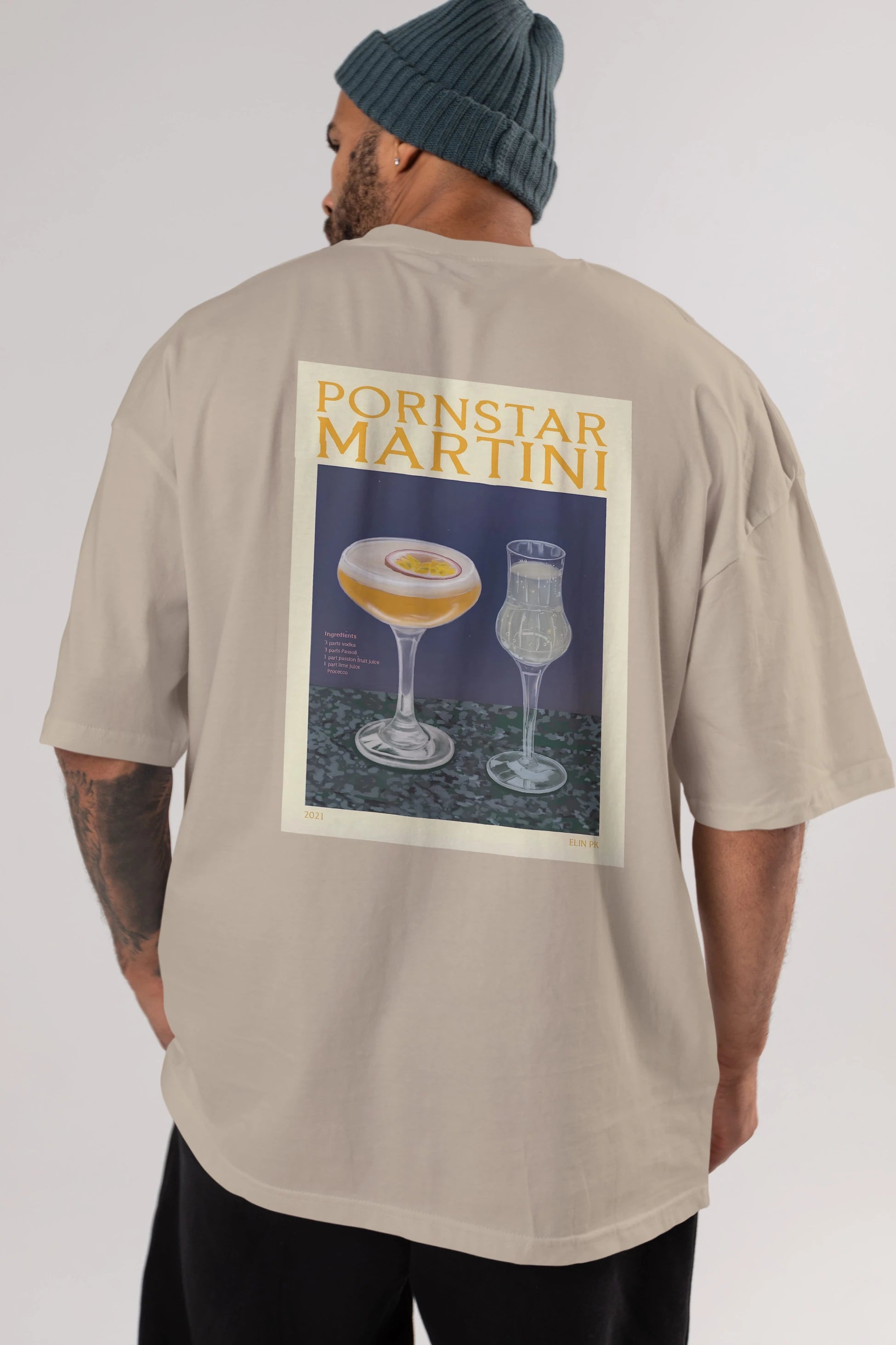 P.rnstar Martini Arka Baskılı Oversize t-shirt Erkek Kadın Unisex %100 Pamuk Bisiklet Yaka tişort