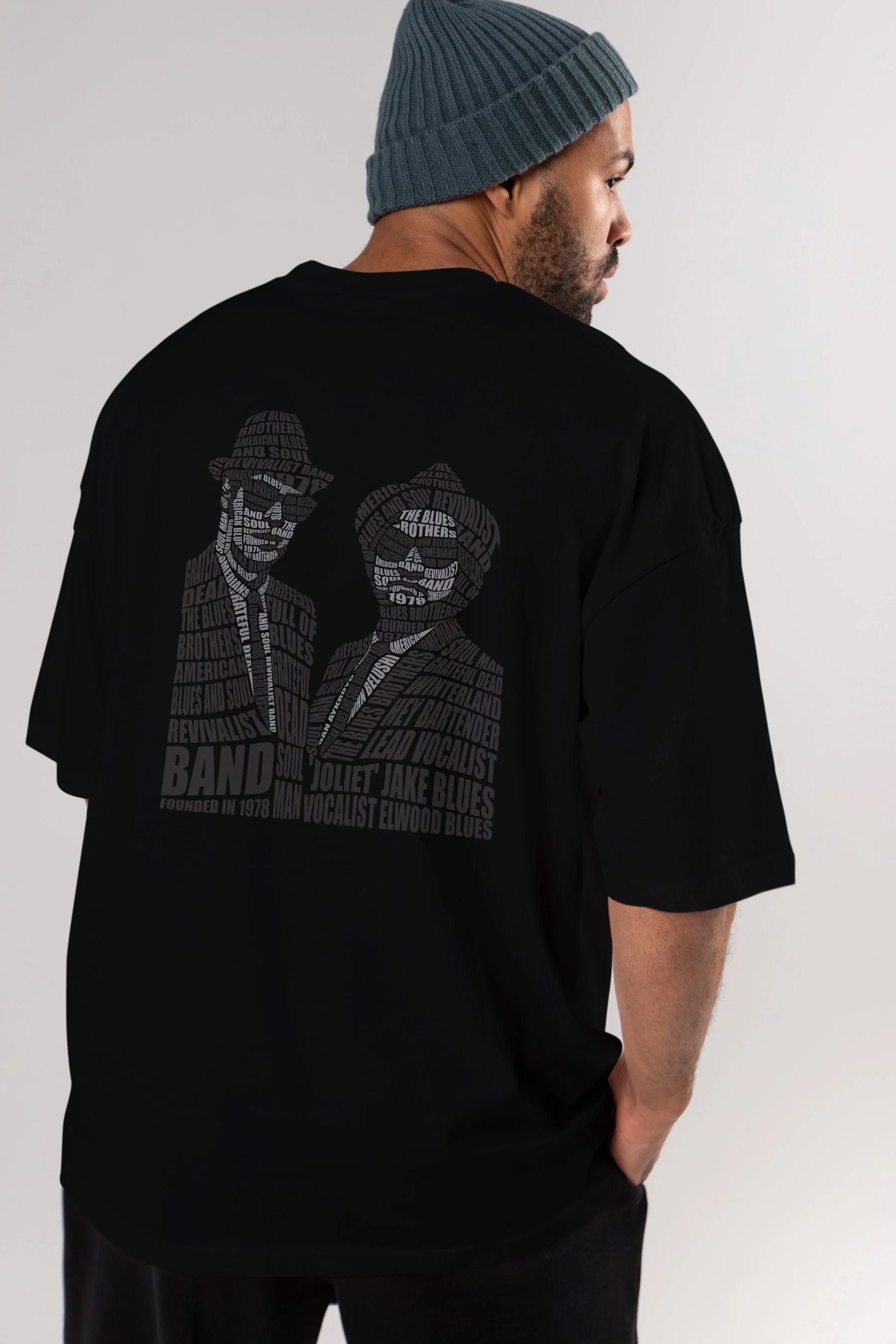 Blues Brothers Calligram Arka Baskılı Oversize t-shirt %100 pamuk Erkek Kadın Unisex