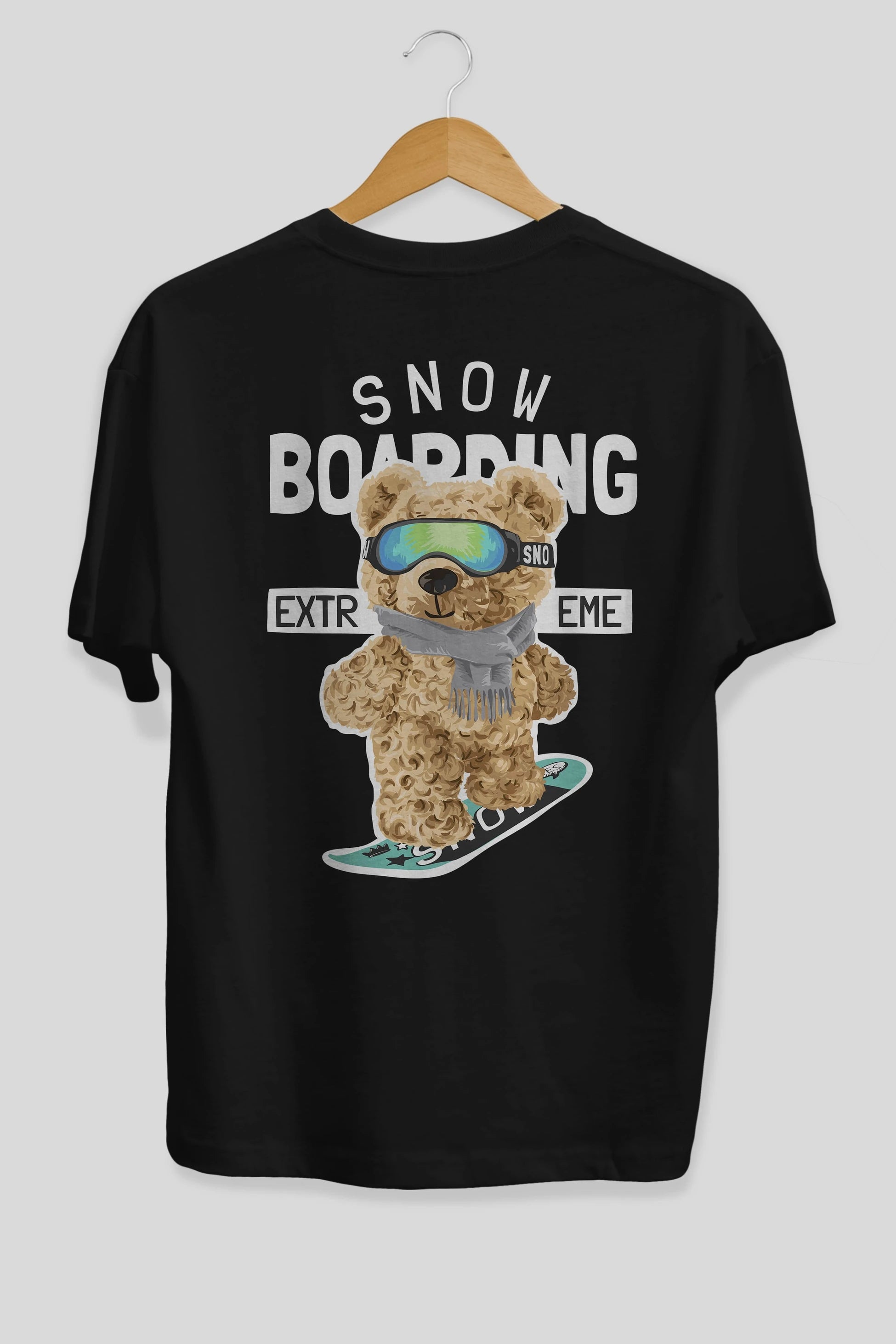 Teddy Bear Snow Boarding Arka Baskılı Oversize t-shirt Erkek Kadın Unisex %100 Pamuk