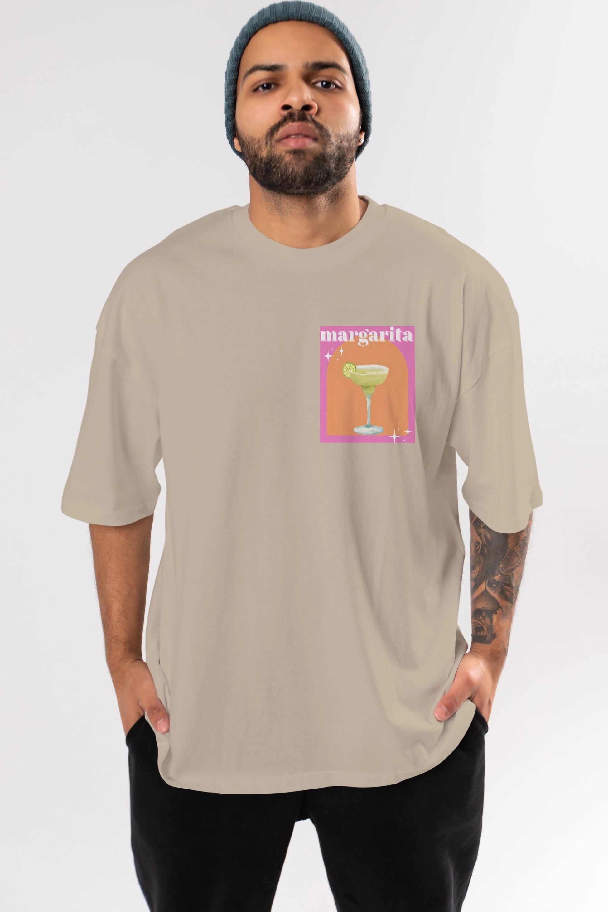 Margarita 7 Ön Sol Baskılı Oversize t-shirt Erkek Kadın Unisex %100 Pamuk Bisiklet Yaka tişort