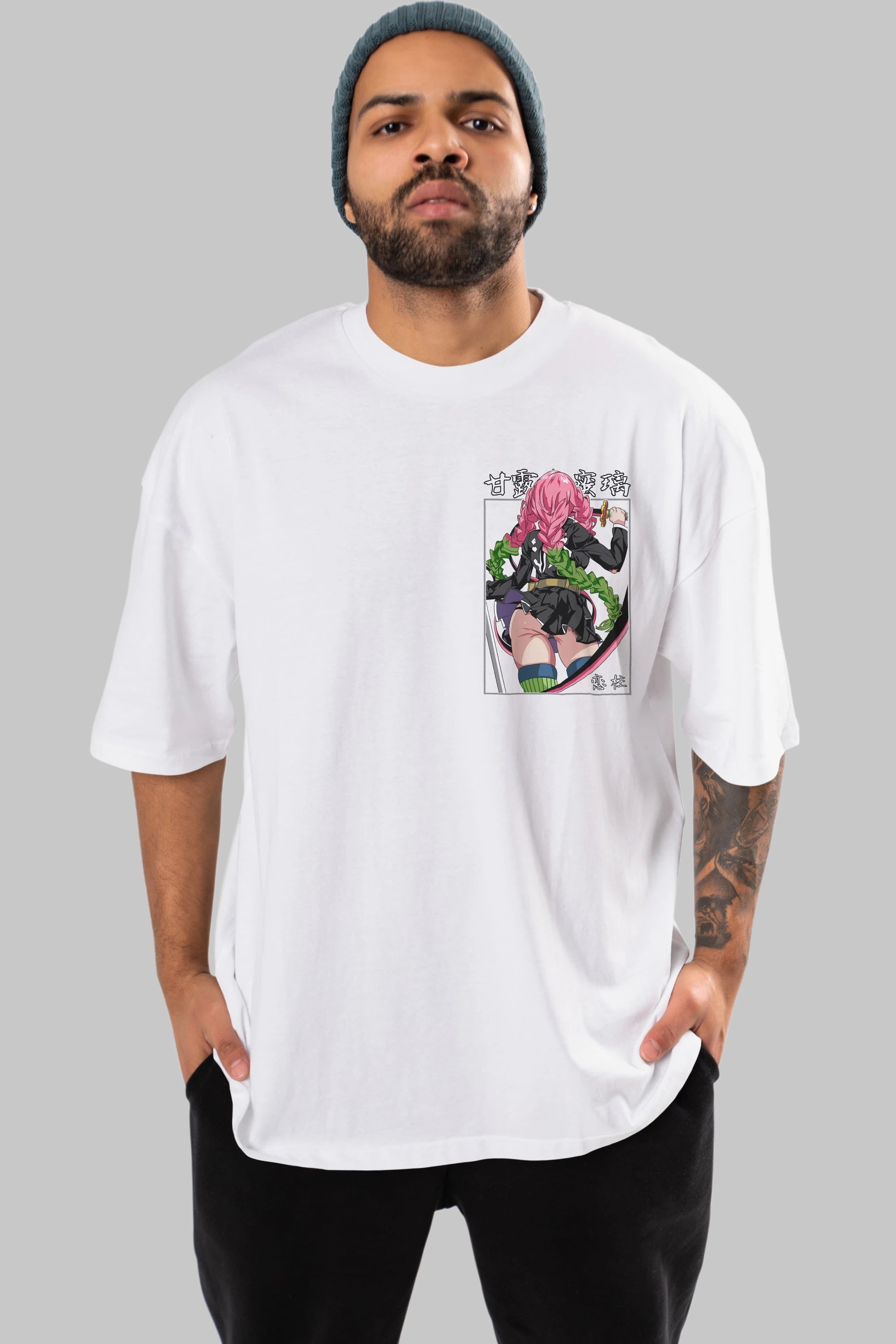 Mitsuri DEMONSLAYER Ön Sol Baskılı Oversize t-shirt Erkek Kadın Unisex %100 Pamuk Bisiklet Yaka tişort
