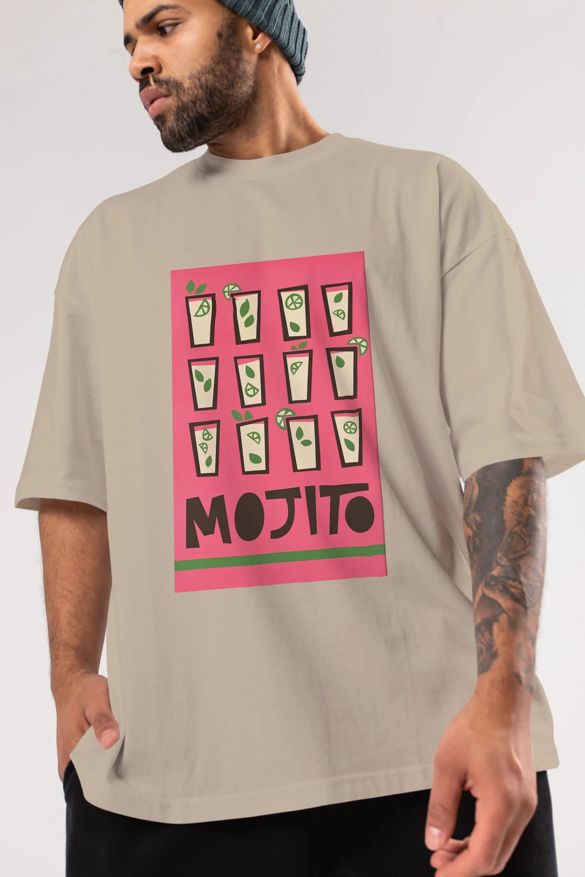 Mojito Ön Baskılı Oversize t-shirt Erkek Kadın Unisex %100 Pamuk Bisiklet Yaka tişort