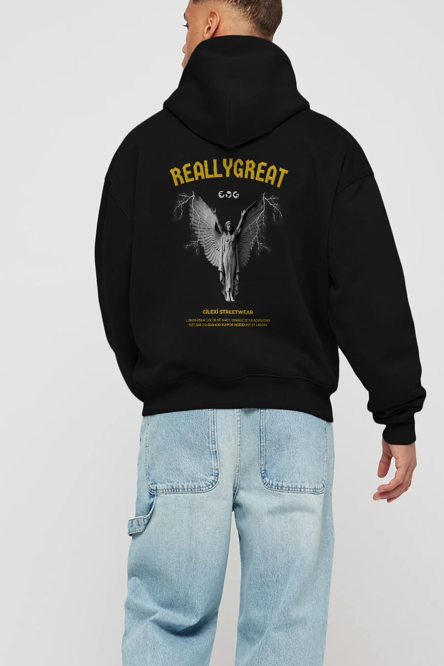 Reallygreat Angel Arka Baskılı Oversize Hoodie Kapüşonlu Sweatshirt Erkek Kadın Unisex