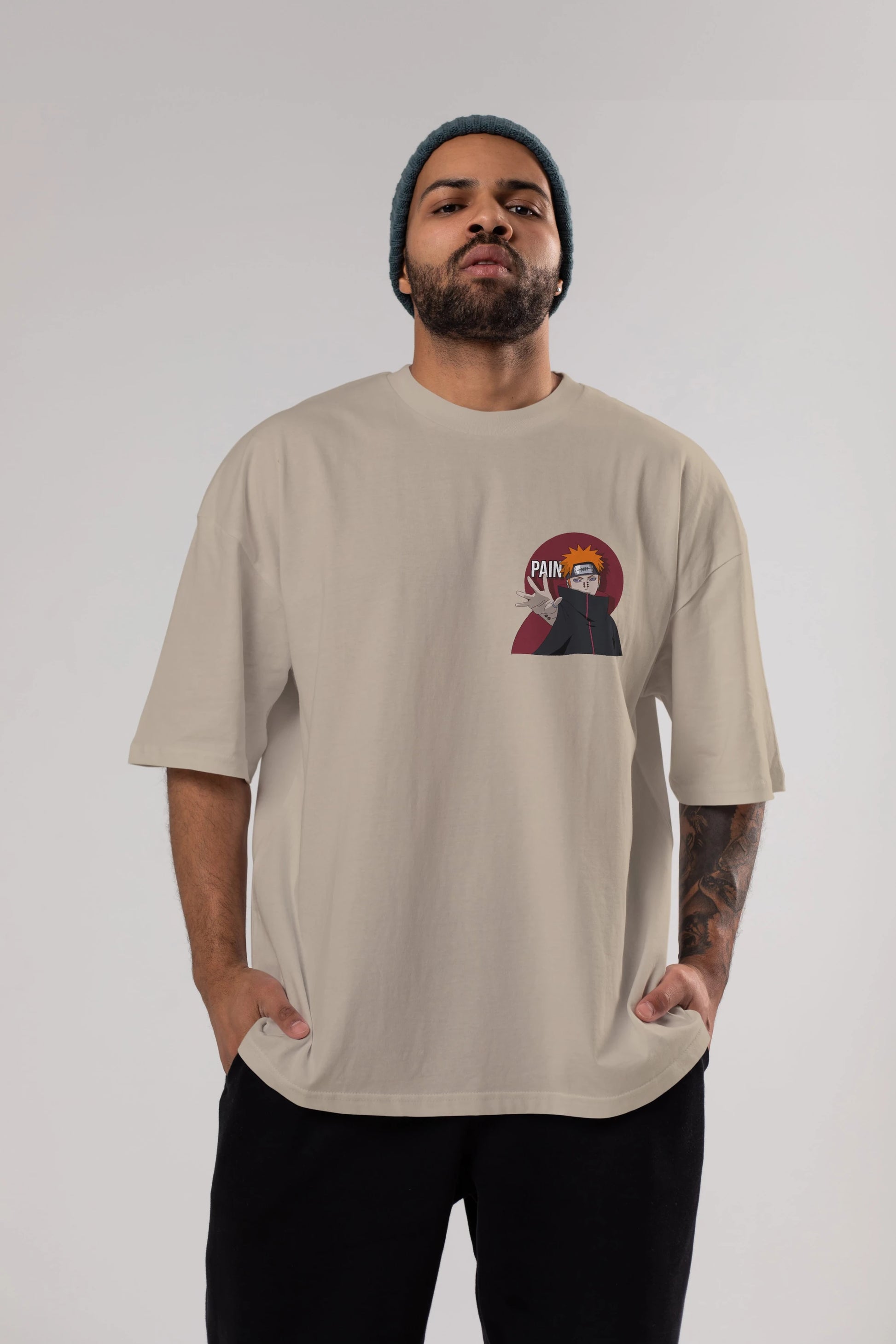 PAIN NARUTO Ön Sol Baskılı Oversize t-shirt Erkek Kadın Unisex %100 Pamuk Bisiklet Yaka tişort