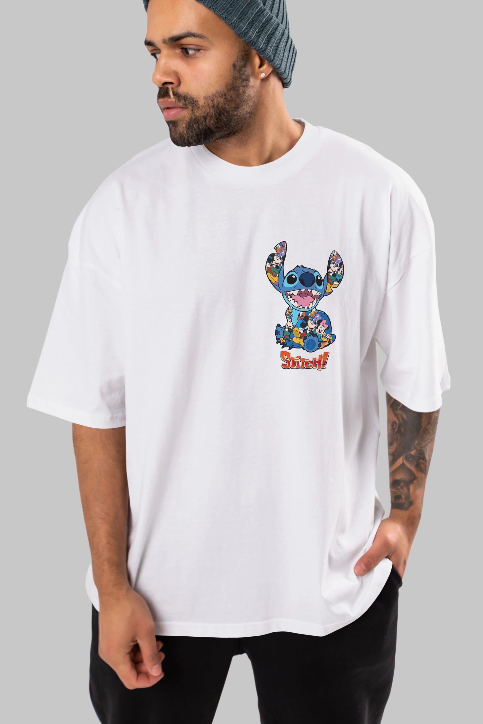 Stitch Ön Sol Baskılı Oversize t-shirt Erkek Kadın Unisex %100 Pamuk Bisiklet Yaka tişort