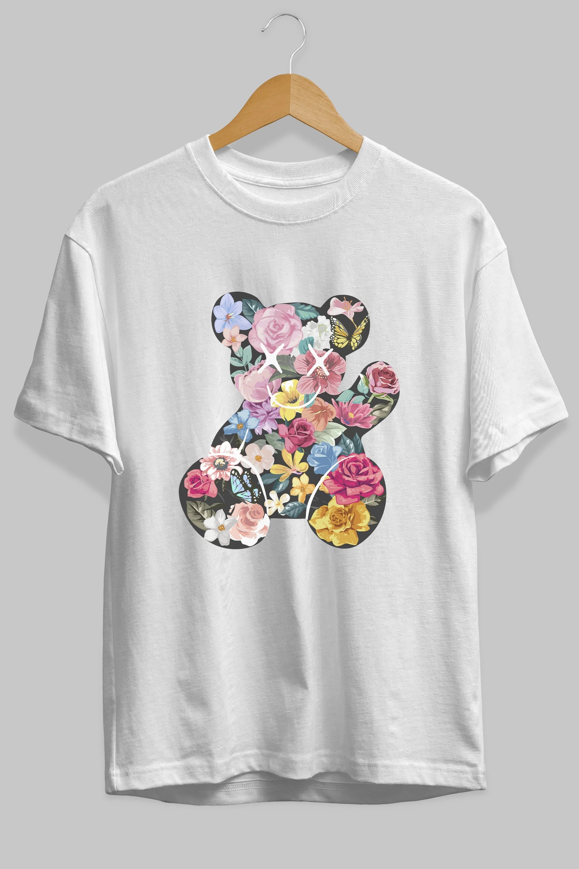 Flowers Bear Ön Baskılı Oversize t-shirt Erkek Kadın Unisex