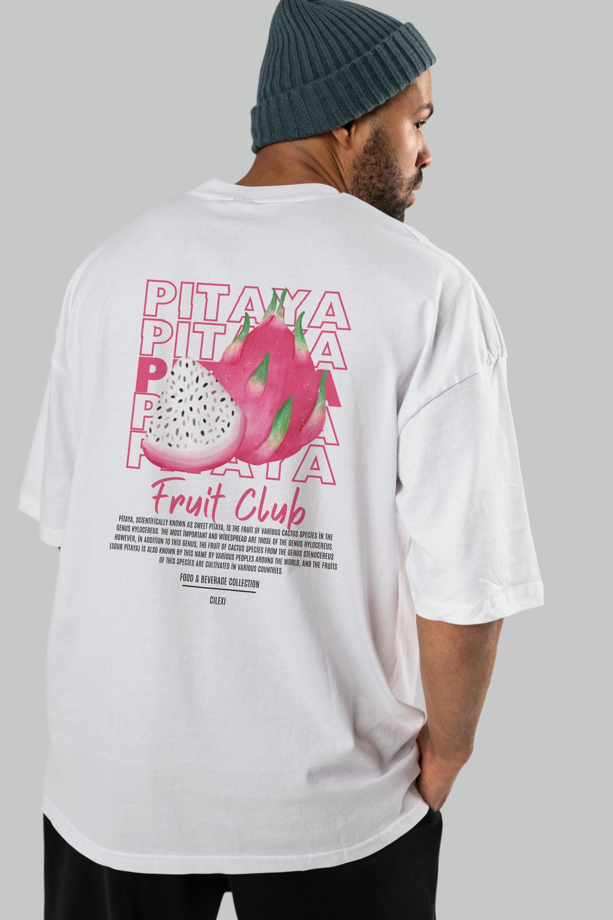 Pitaya Arka Baskılı Oversize t-shirt Erkek Kadın Pamuk Bisiklet Yaka tişort