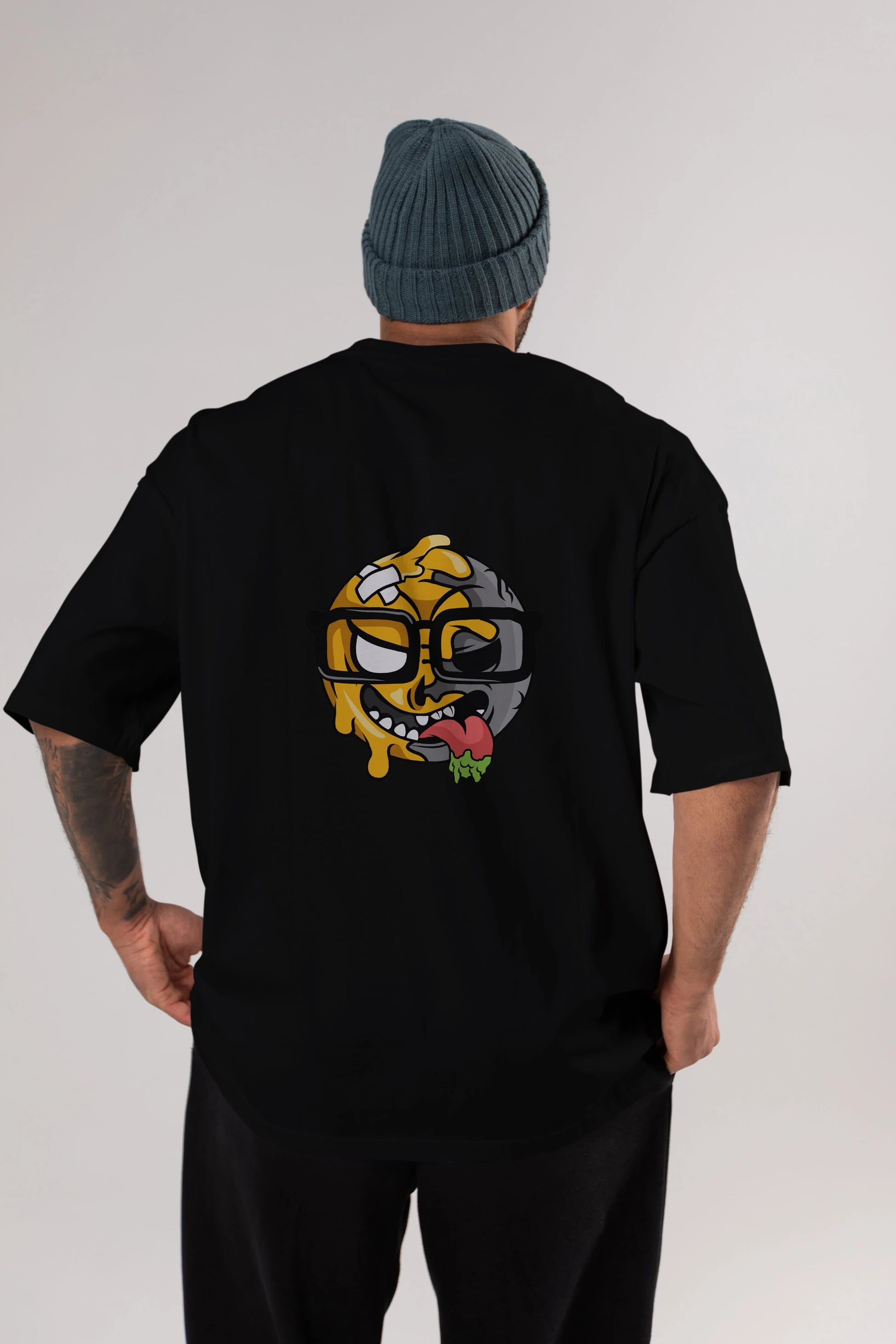 Smiley Nerd Arka Baskılı Oversize t-shirt Erkek Kadın Unisex %100 Pamuk tişort