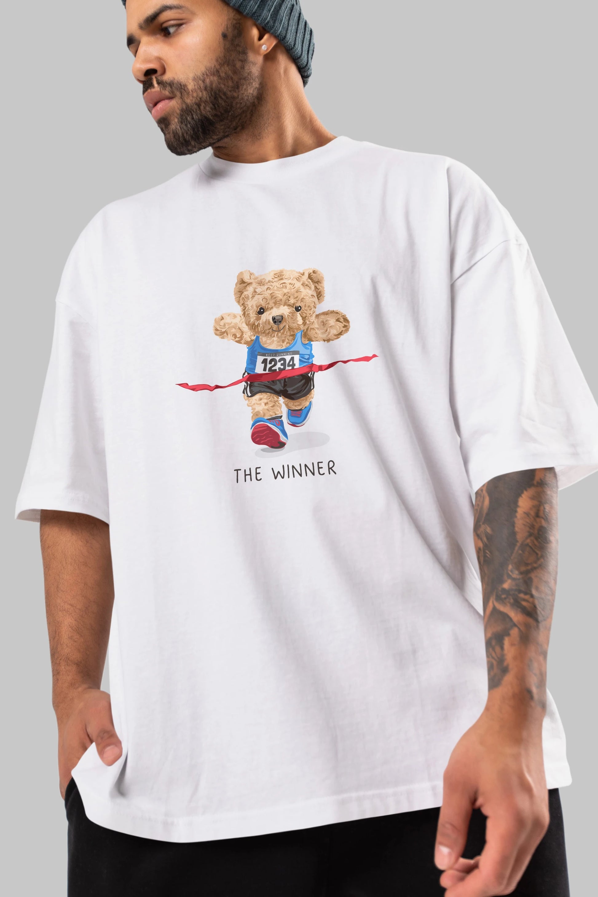 Teddy Bear The Winner Ön Baskılı Oversize t-shirt Erkek Kadın Unisex %100 Pamuk