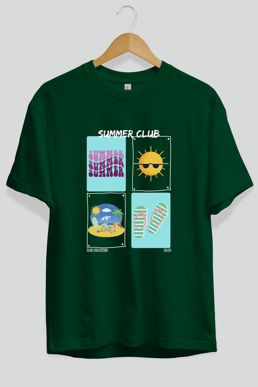 Summer Club ön Baskılı Oversize t-shirt Erkek Kadın %100 Pamuk Bisiklet Yaka tişort