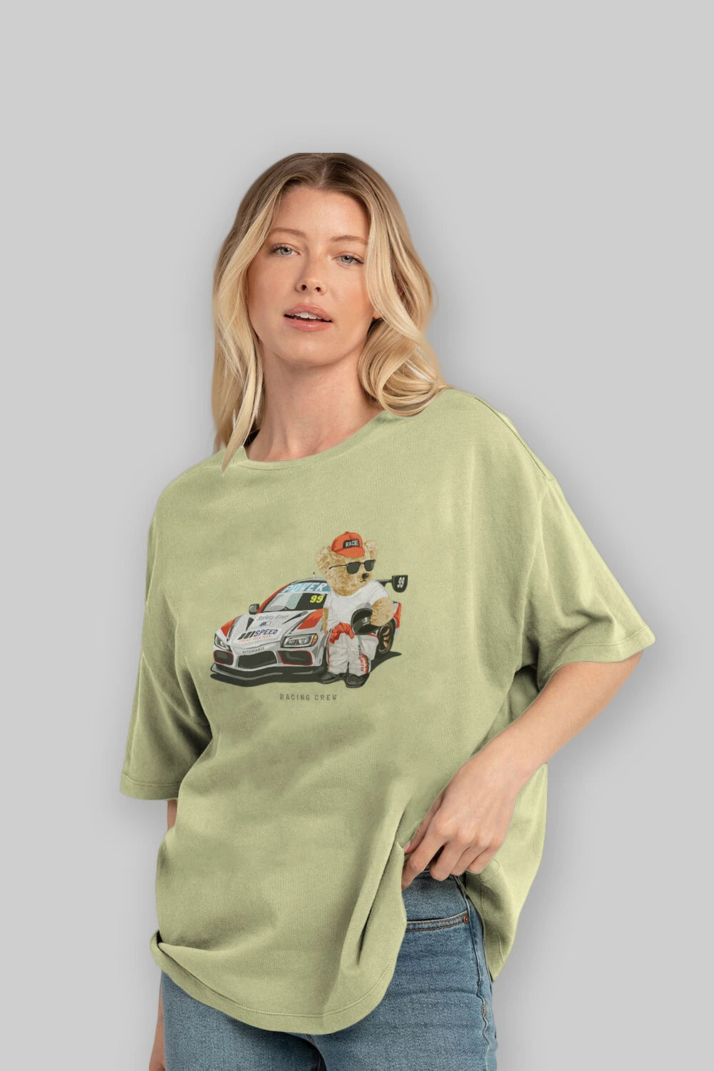 Teddy Bear Racing Crew Ön Baskılı Oversize t-shirt Erkek Kadın Unisex %100 Pamuk