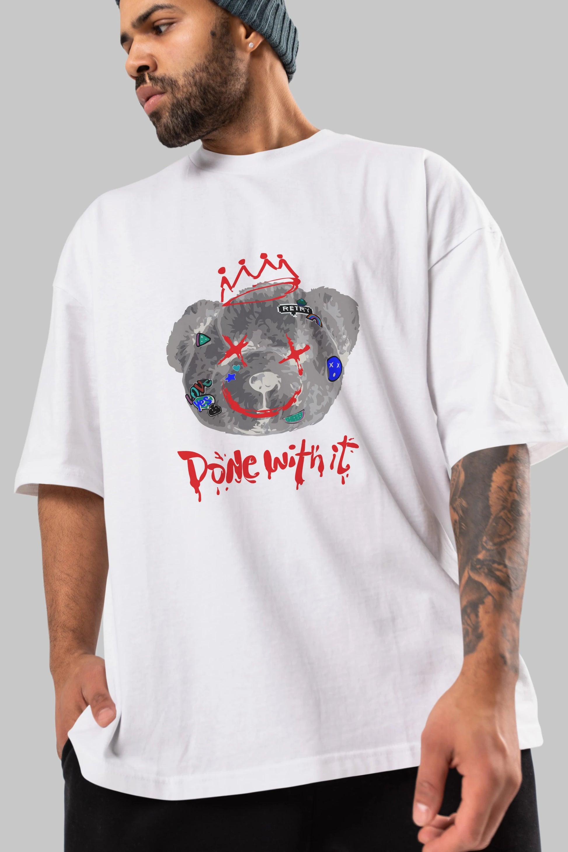 Done With it Bear Ön Baskılı Oversize t-shirt Erkek Kadın Unisex
