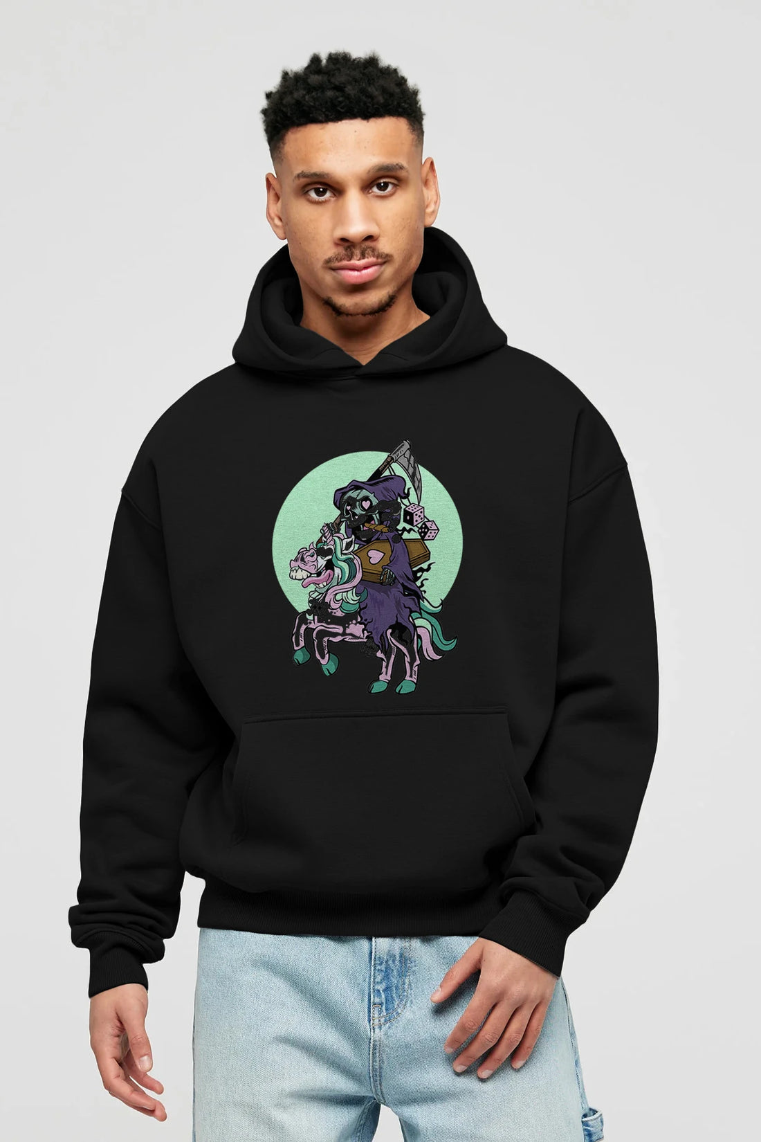 Grim Reaper Riding Unicorn Ön Baskılı Hoodie Oversize Kapüşonlu Sweatshirt Erkek Kadın Unisex