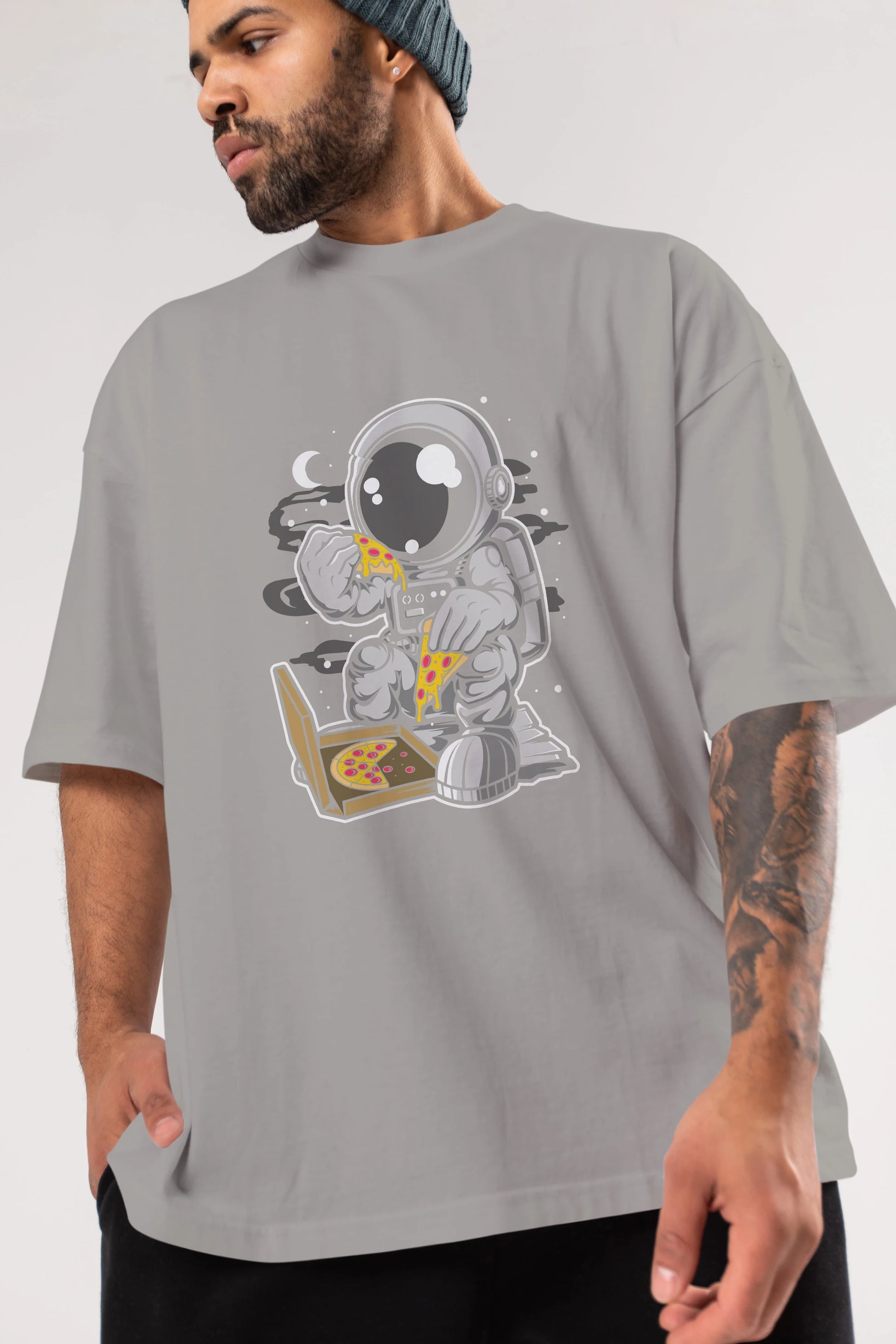 Astronaut Pizza Ön Baskılı Oversize t-shirt Erkek Kadın Unisex