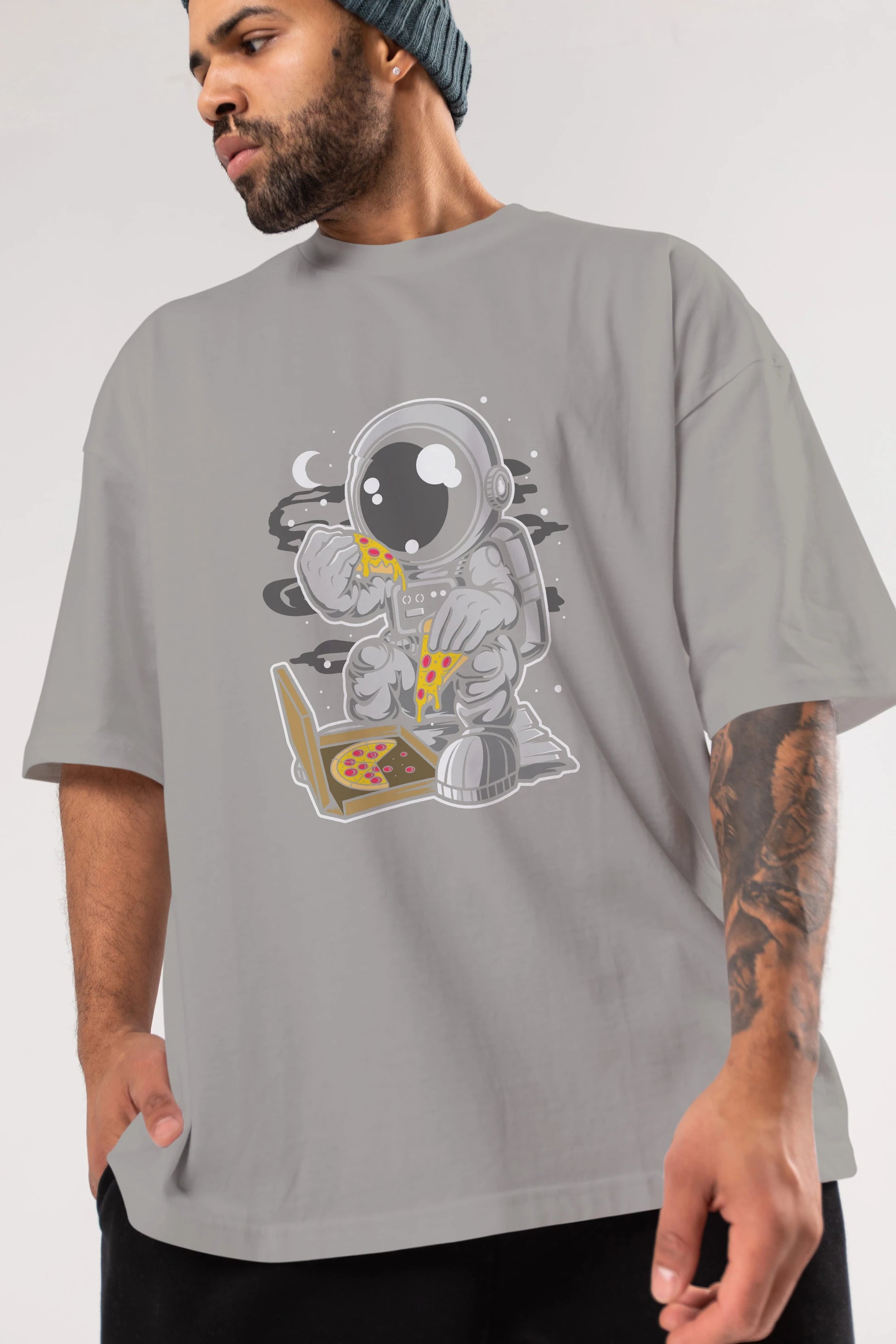 Astronaut Pizza Ön Baskılı Oversize t-shirt Erkek Kadın Unisex