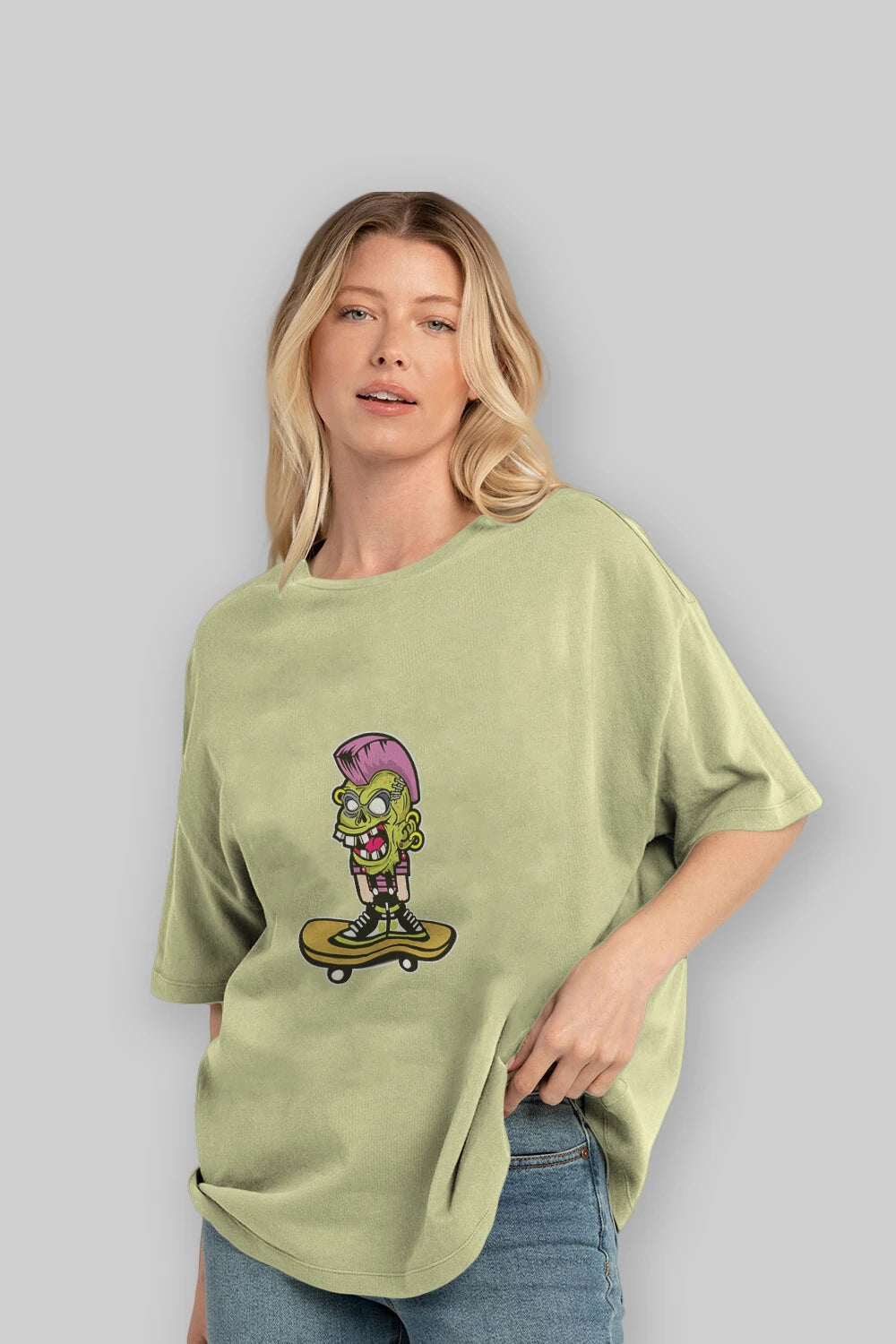 Zombie Punk Skater Ön Baskılı Oversize t-shirt Erkek Kadın Unisex %100 Pamuk tişort