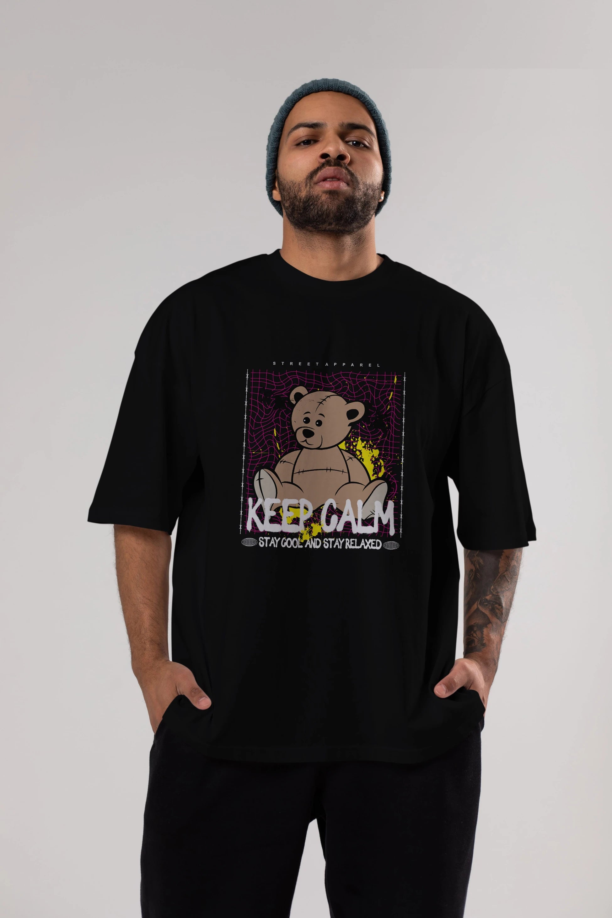 Keep Calm Bear Ön Baskılı Oversize t-shirt Erkek Kadın Unisex