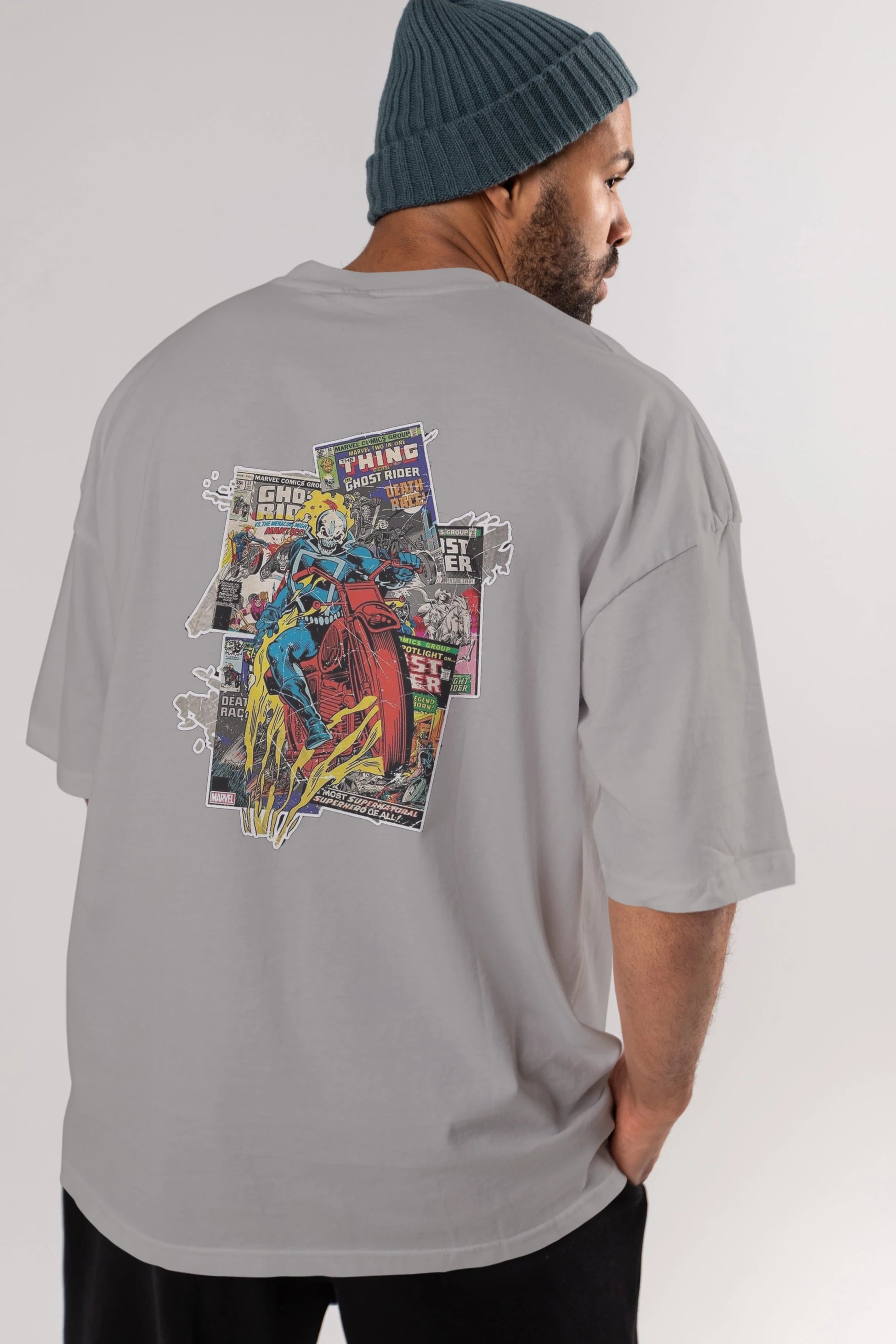 Ghost Rider Arka Baskılı Oversize t-shirt Erkek Kadın Unisex %100 Pamuk Bisiklet Yaka tişort