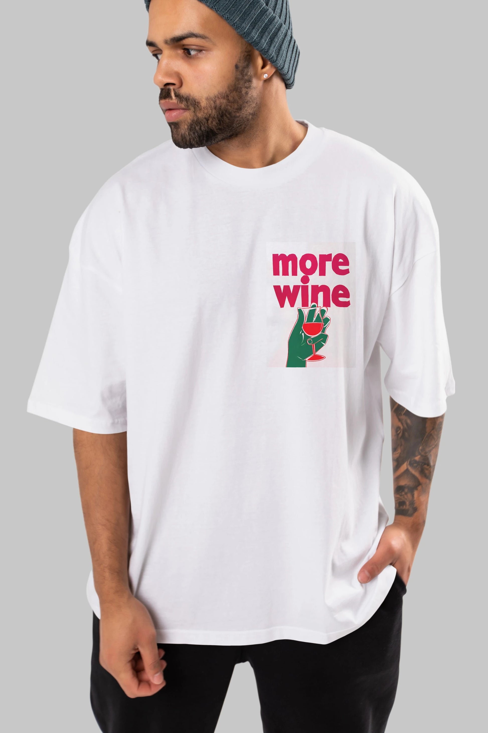 More Wine 3 Ön Sol Baskılı Oversize t-shirt Erkek Kadın Unisex %100 Pamuk Bisiklet Yaka tişort