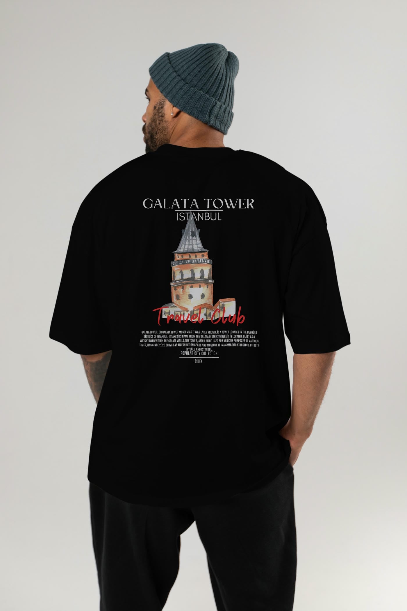 Galata Tower İstanbul Arka Baskılı Oversize t-shirt Erkek Kadın Pamuk Bisiklet Yaka tişort