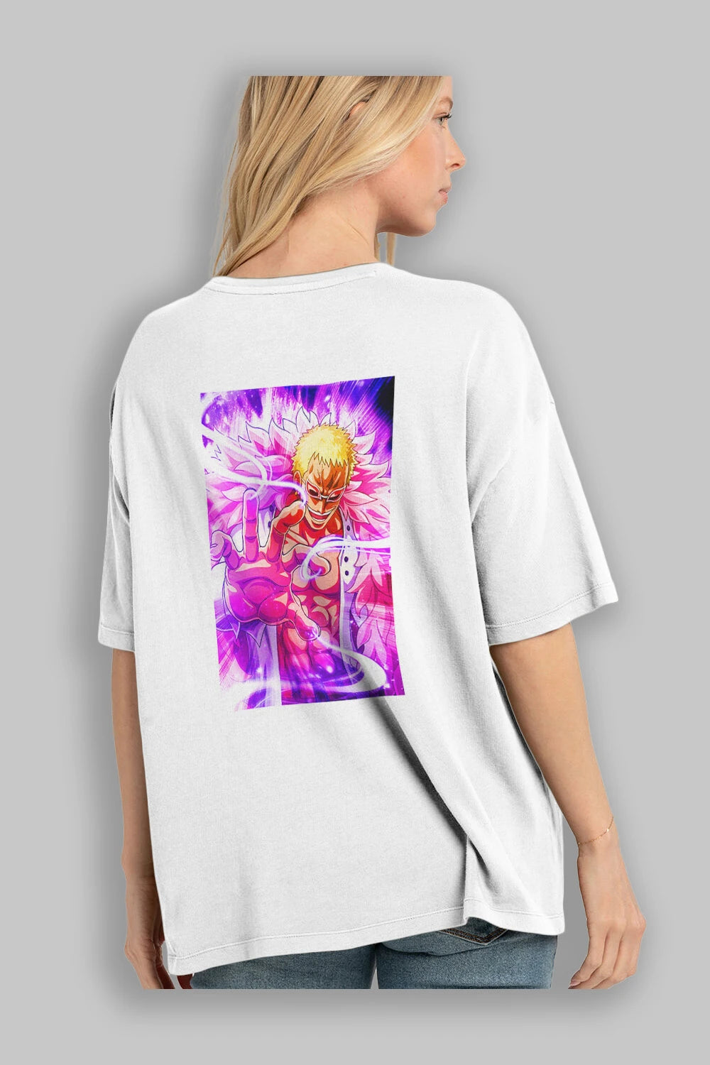 Doflamingo Anime Arka Baskılı Oversize t-shirt Erkek Kadın Unisex %100 pamuk tişort