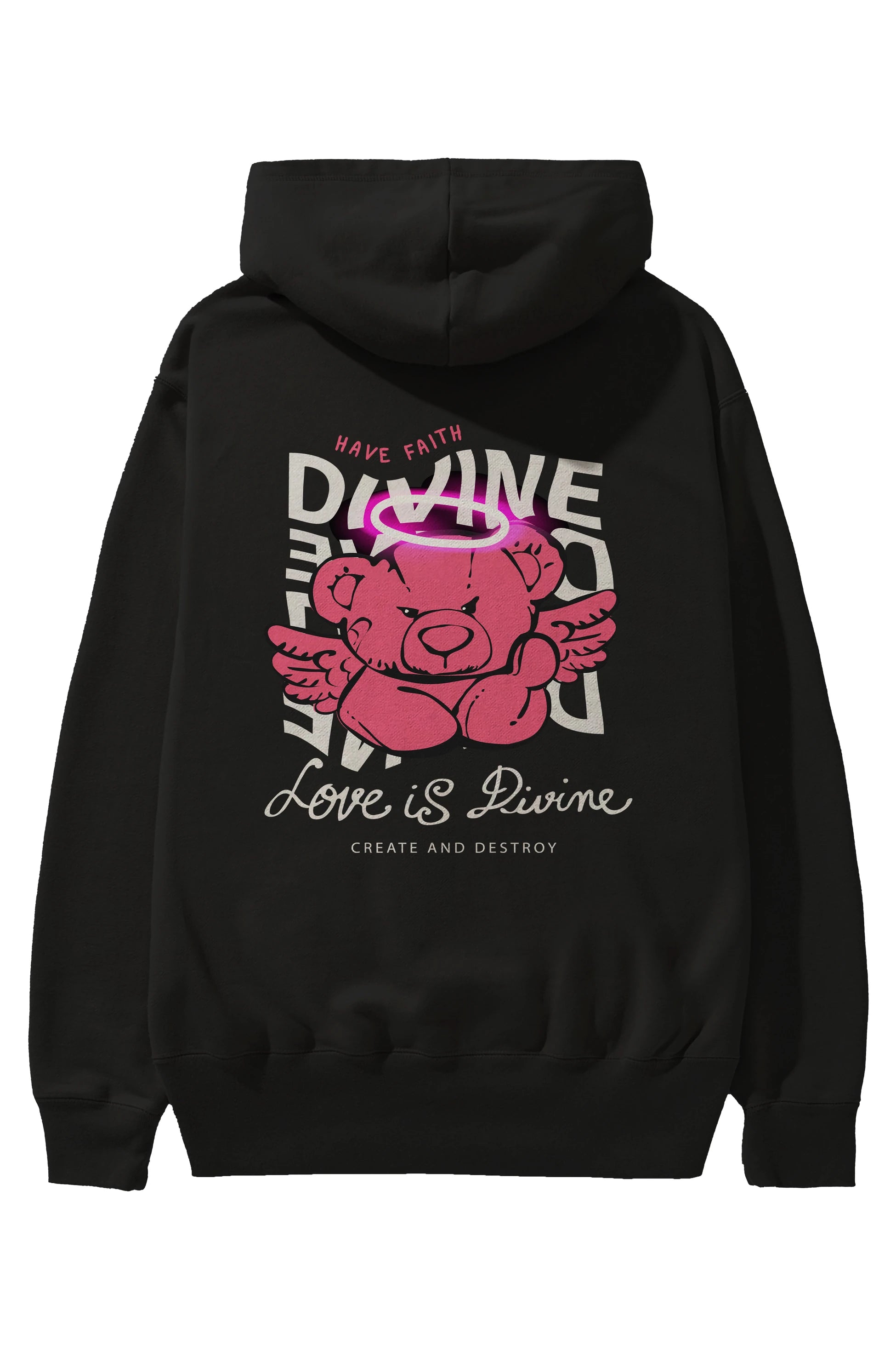 Love is Divine Bear Arka Baskılı Hoodie Oversize Kapüşonlu Sweatshirt Erkek Kadın Unisex