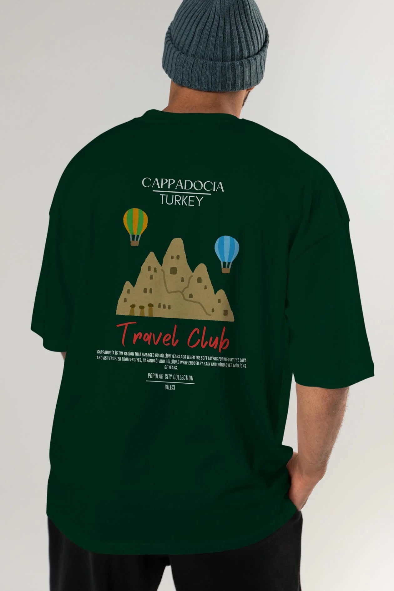 Cappadocia Turkey Arka Baskılı Oversize t-shirt Erkek Kadın Pamuk Bisiklet Yaka tişort