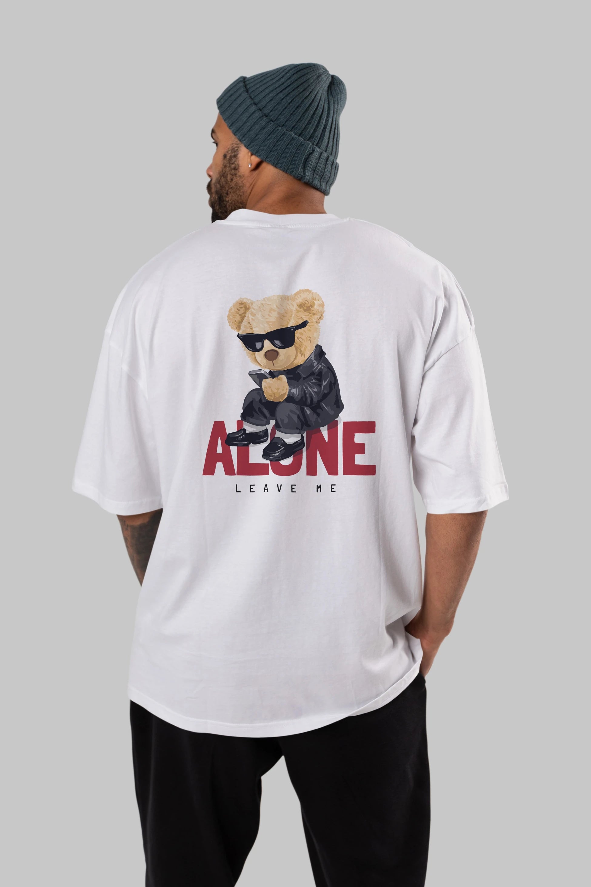 Teddy Bear Alone Arka Baskılı Oversize t-shirt Erkek Kadın Unisex %100 Pamuk