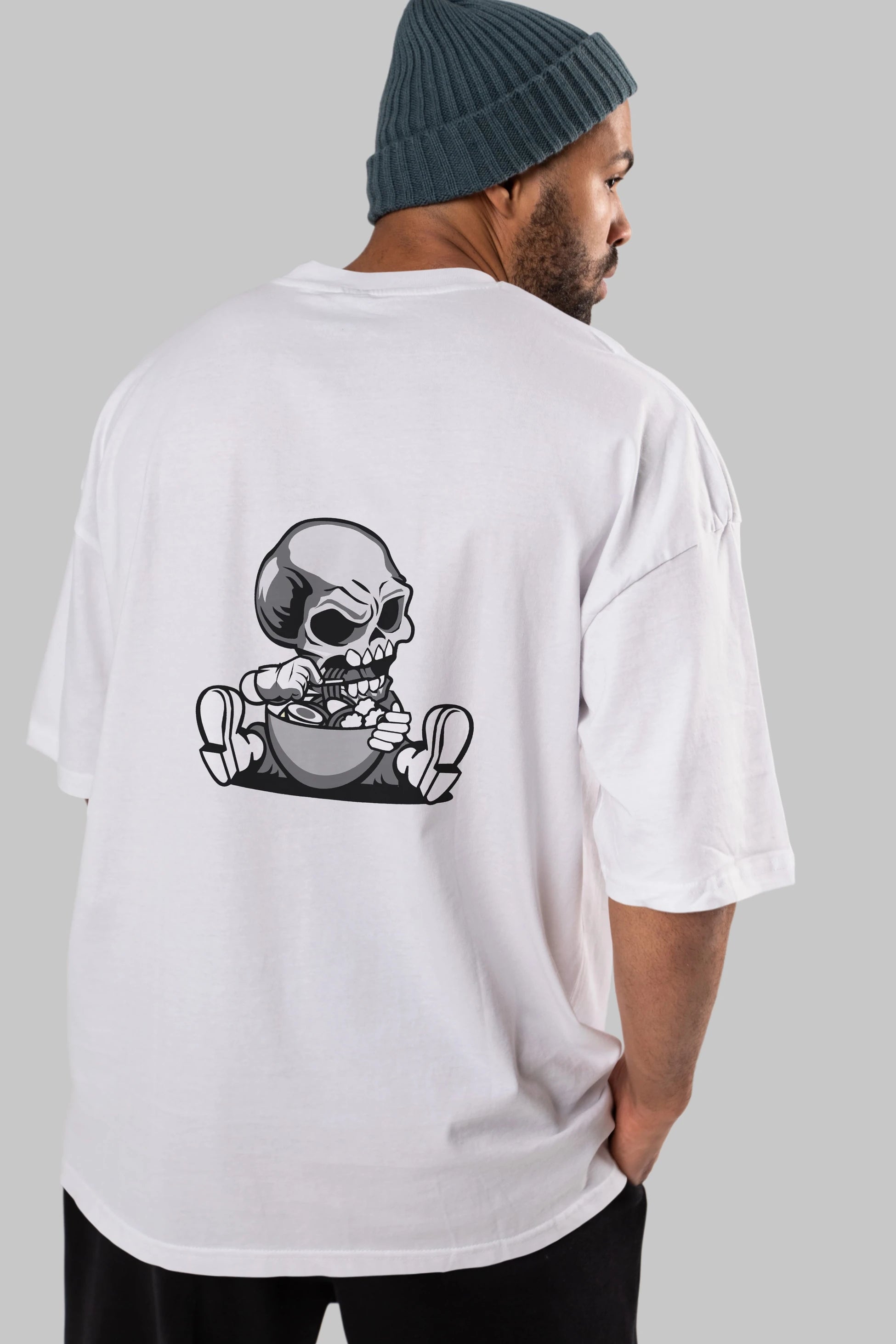 Skull Eat Ramen Arka Baskılı Oversize t-shirt Erkek Kadın Unisex %100 Pamuk tişort