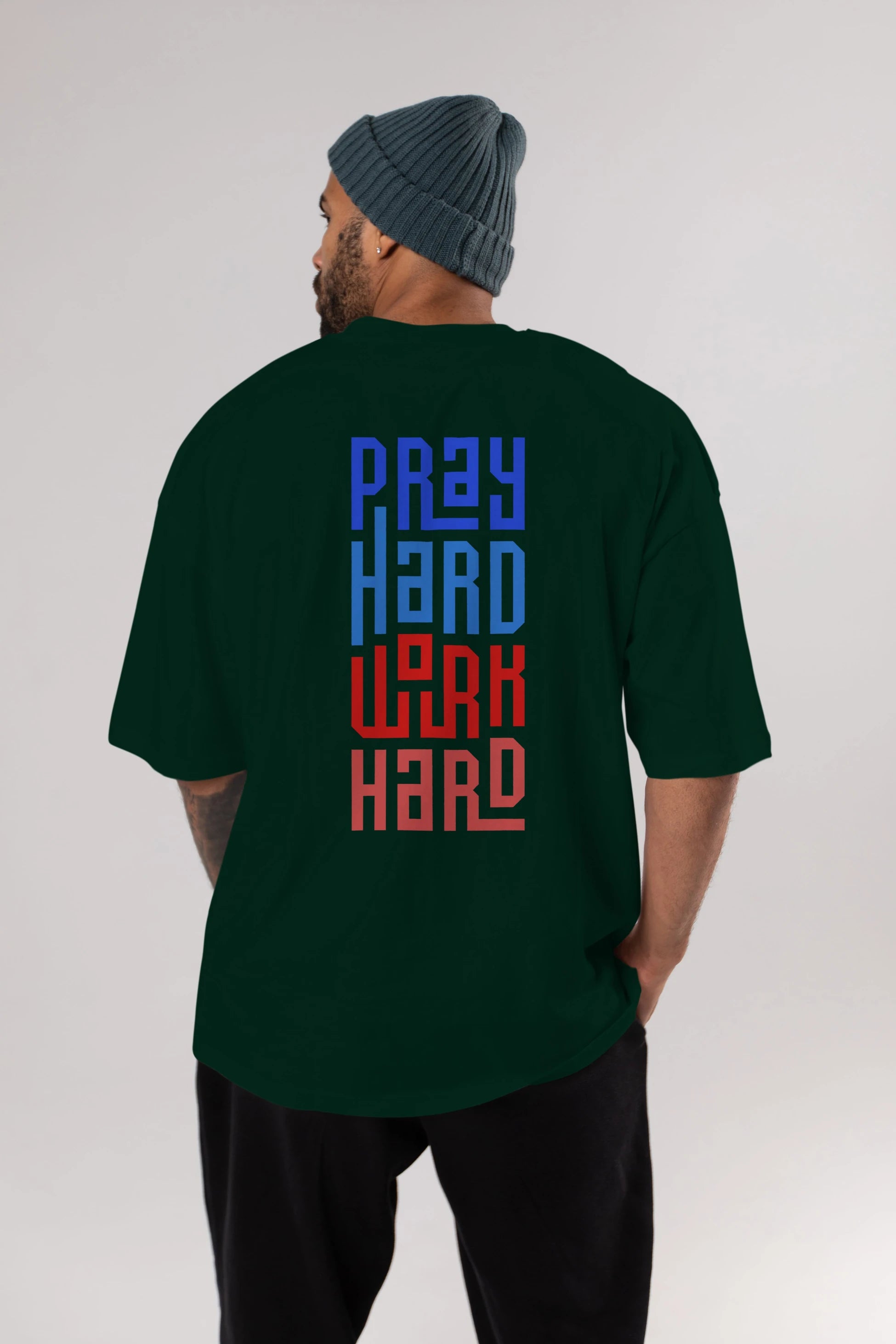 Pray Hard Work Hard Yazılı Arka Baskılı Oversize t-shirt Erkek Kadın Unisex