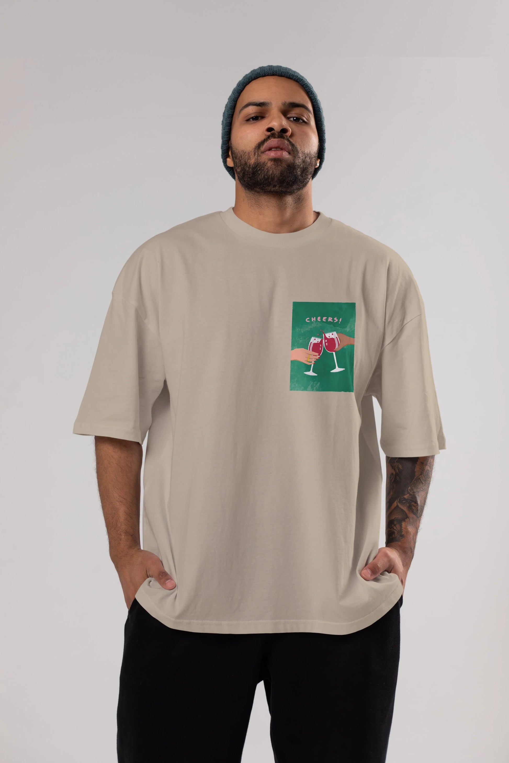 Cheers Ön Sol Baskılı Oversize t-shirt Erkek Kadın Unisex %100 Pamuk Bisiklet Yaka tişort
