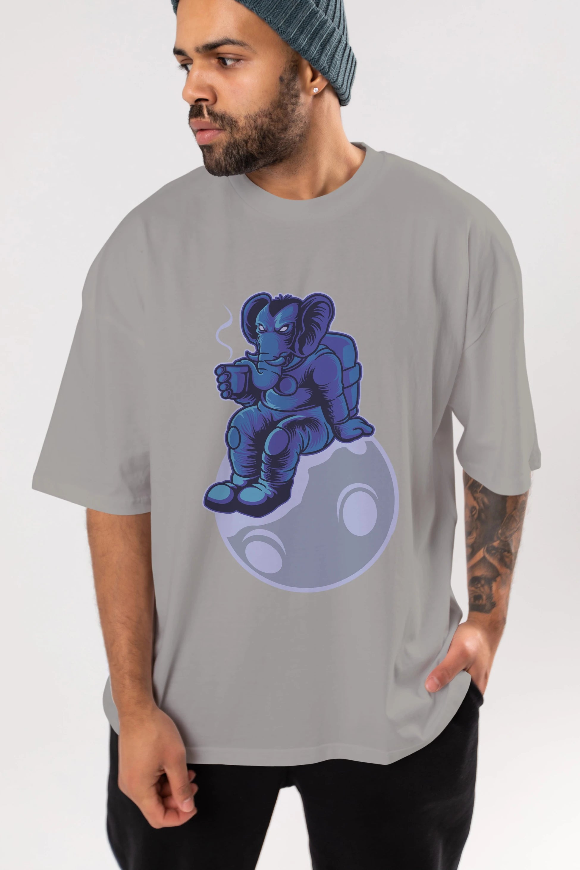 Space Elephant Drink Coffee Ön Baskılı Oversize t-shirt Erkek Kadın Unisex